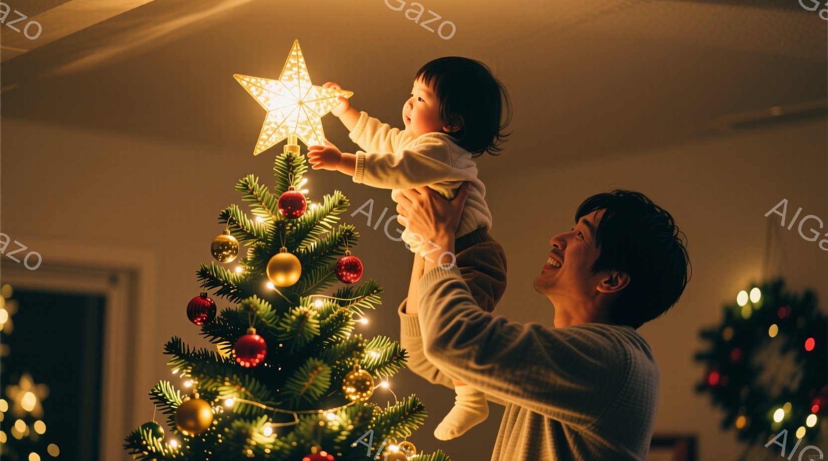 クリスマスツリーのてっぺんに星を飾る父親と幼い子供の姿が捉えられています。父親は白いセーターを着て笑顔を見せ、子供を両腕で抱え上げています。背景には、クリスマスツリーの飾りや光が暖かく輝き、家庭的な温かい雰囲気を醸し出しています。