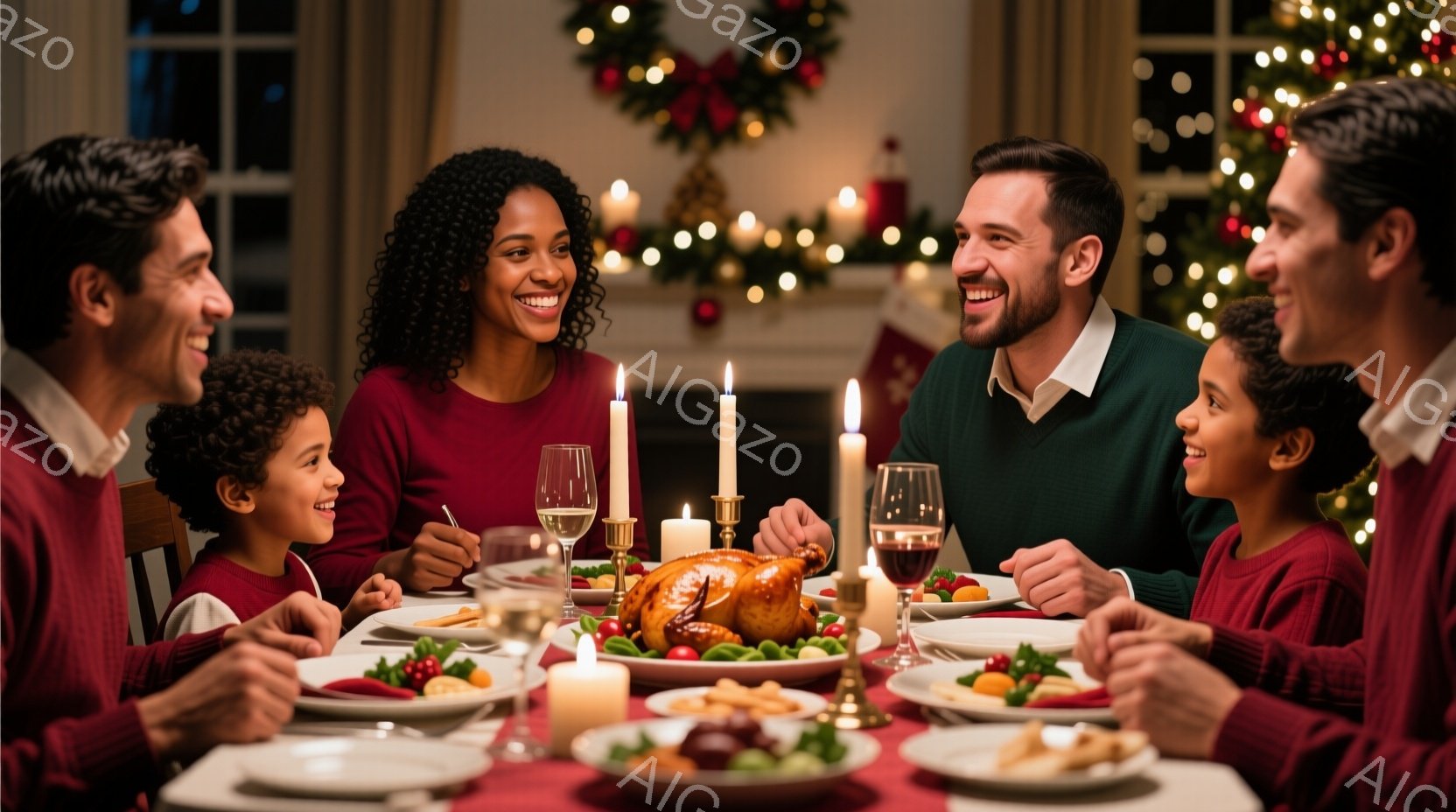 家族6人がテーブルを囲み、温かい食事を楽しんでいる様子が描かれています。全員が赤いセーターを着ており、笑顔で互いに見つめ合い、リラックスした雰囲気が漂っています。背景にはクリスマスツリーが飾られ、キャ - AI生成フリー素材