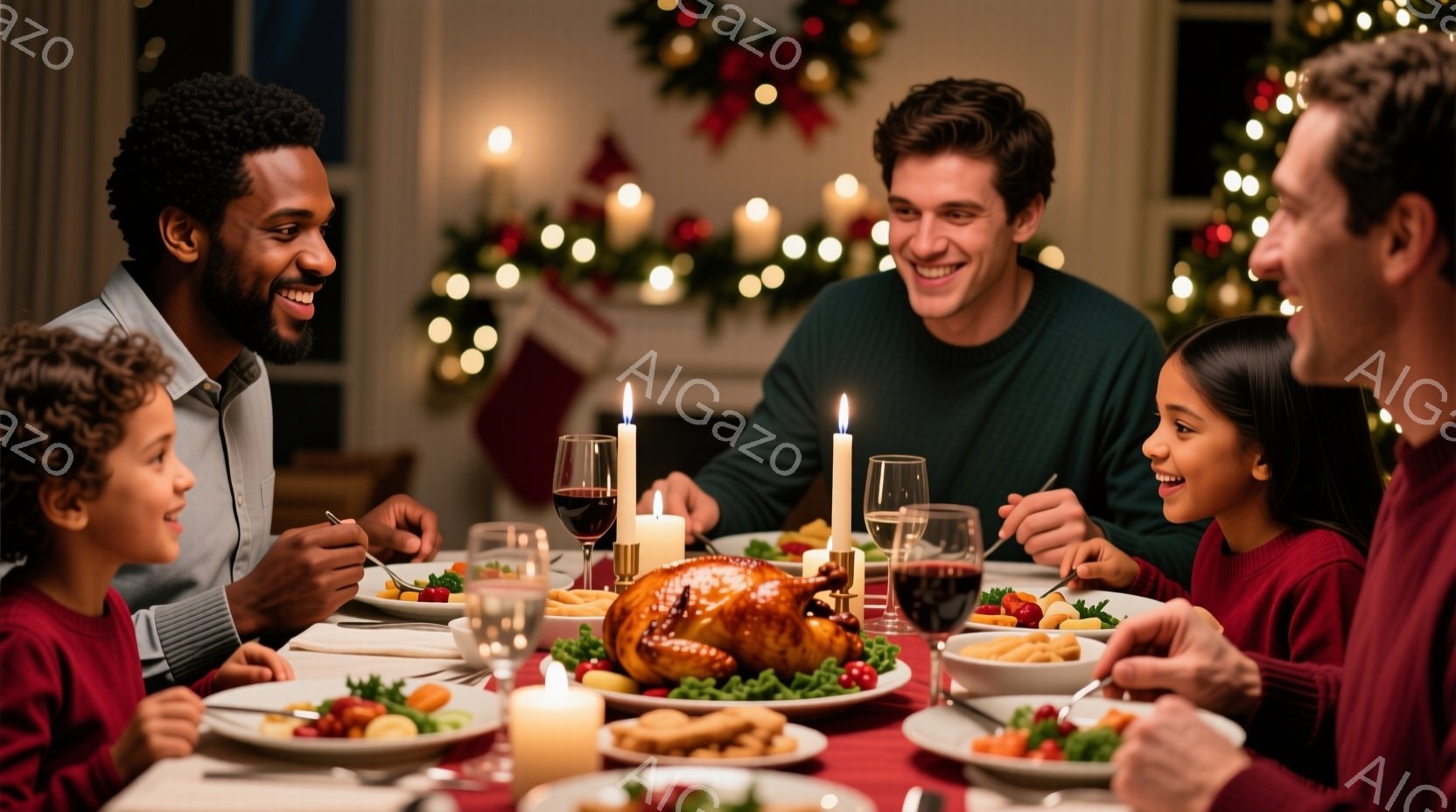 暖炉の前に座り、家族がクリスマスの夕食を楽しんでいます。父親は笑顔で左の少年と目を合わせ、母親はテーブルの向かいにいる少女と話しています。テーブルにはローストチキン、ワイン、様々な料理が並び、背景には - AI生成フリー素材
