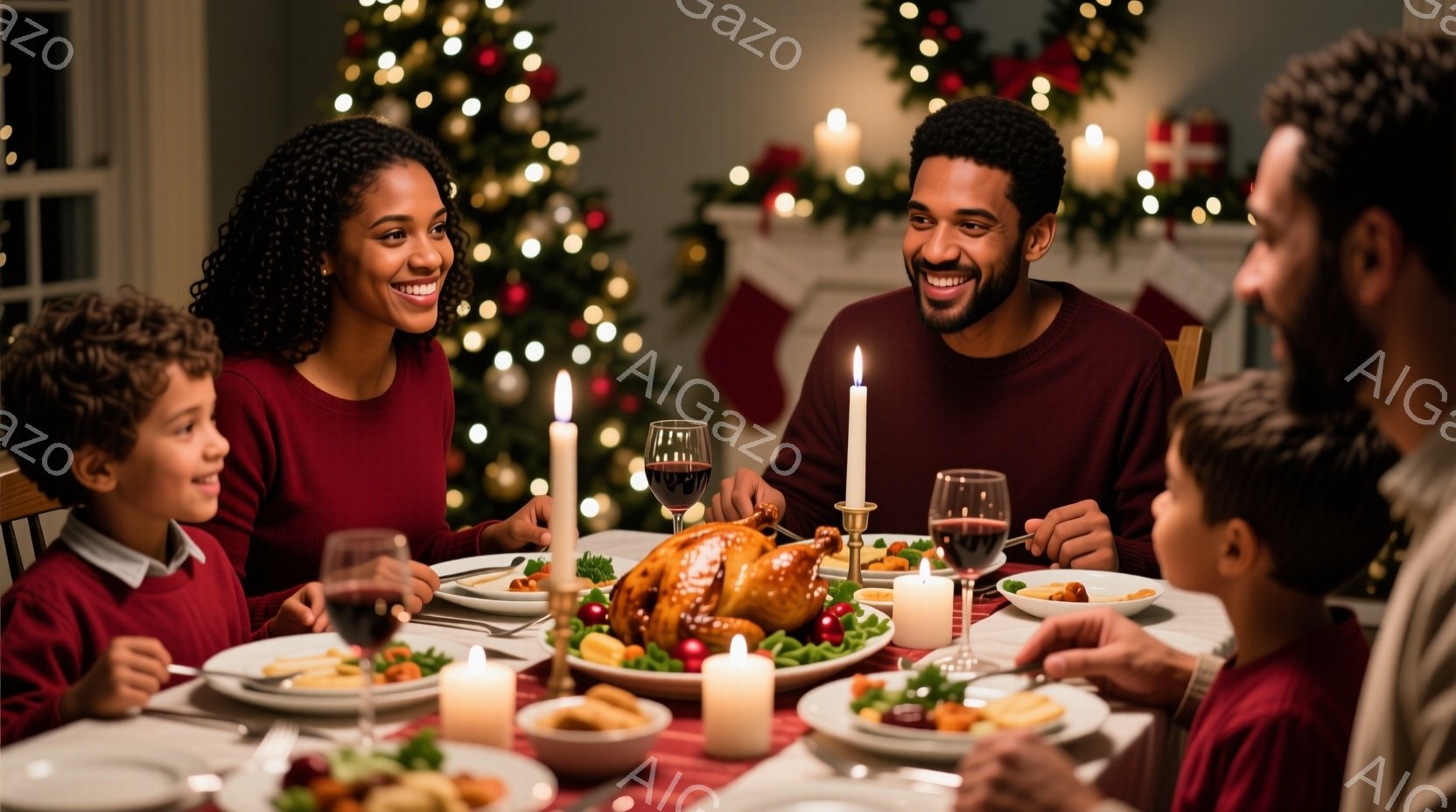 暖炉の前で家族が夕食を楽しんでいる様子が写っている。家族は皆、赤いセーターを着ており、笑顔で食事をしている。背景にはクリスマスツリーが飾られ、キャンドルが灯っており、温かく幸せな雰囲気を感じさせる。 - AI生成フリー素材