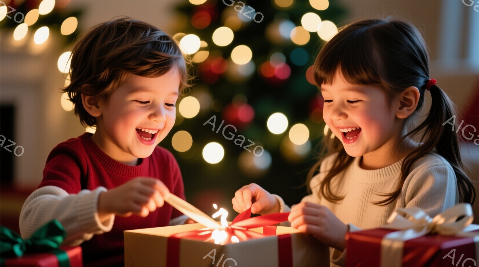 幼い男の子と女の子が、クリスマスプレゼントの箱を開ける瞬間に捉えられています。男の子は赤いセーターを着ており、女の子は白いセーターを着ています。箱から飛び出す花火のような光に、二人は満面の笑みを浮かべ、非常に喜んでいる様子が伝わってきます。