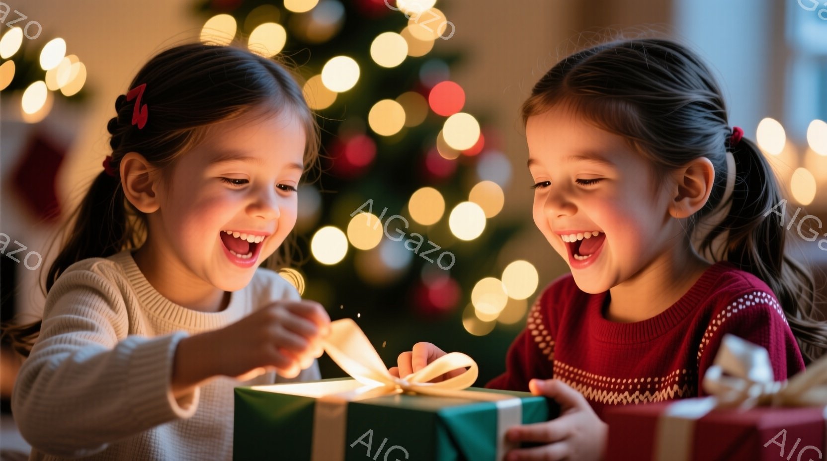 幼い少女二人が、プレゼントの箱を開ける瞬間の楽しそうな表情を見せています。左の少女はクリーム色のセーターを着ており、右の少女は赤色のセーターを着ています。背景にはぼやけたクリスマスツリーの光が輝き、温かく幸せなクリスマスの雰囲気を演出しています。