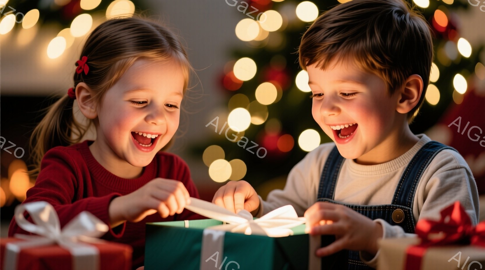二人の子供が緑色のギフトボックスを開ける様子が写っています。女の子は赤いセーターを着ており、髪は後ろで結ばれています。男の子はデニムのオーバーオールを着ており、両者とも満面の笑みを浮かべており、とても - AI生成フリー素材