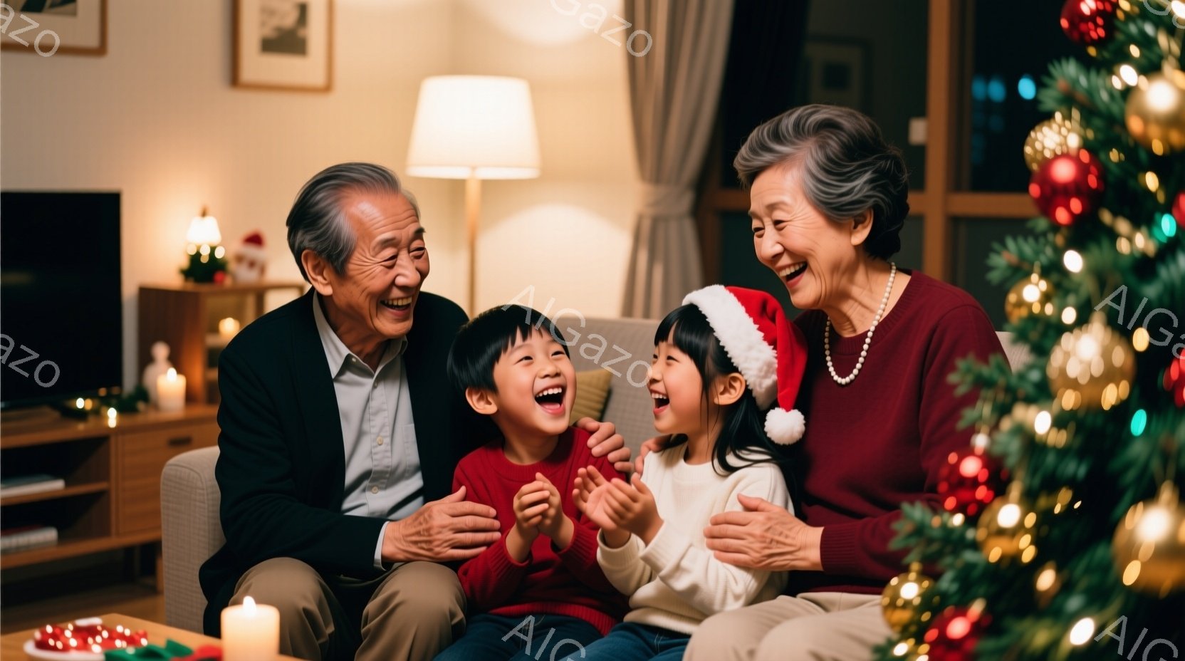 暖炉のあるリビングで、おじいちゃんとおばあちゃんが、それぞれ膝に座る2人の子供たちと楽しそうに笑い合っている様子が写っている。おじいちゃんは黒いジャケットにベージュのズボン、おばあちゃんは赤いセーターにネックレスを着用し、子供たちはそれぞれ赤い服を着ている。背景にはクリスマスツリーが飾られ、温かく幸せなクリスマスの雰囲気が漂っている。