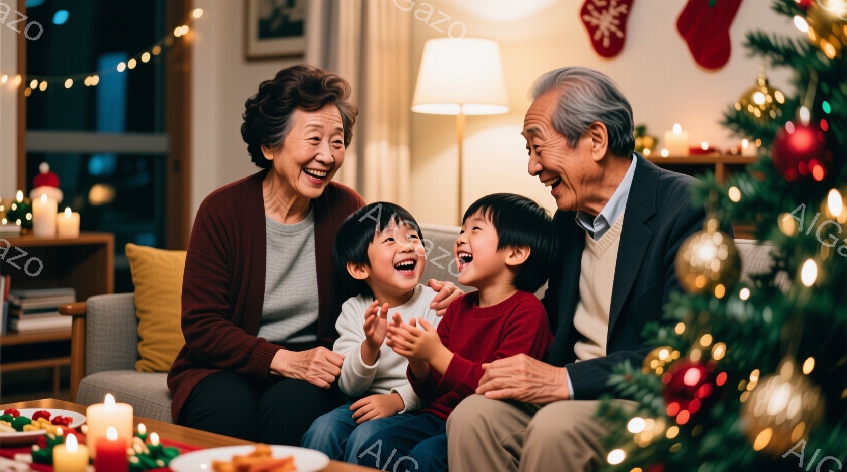 ソファに座っているおじいちゃんとおばあちゃんと、その間に座る二人の子供たちが写っている。子供たちは満面の笑みを浮かべ、楽しそうに手拍子をしている。背景にはクリスマスツリーやキャンドルが飾られ、温かく幸 - AI生成フリー素材