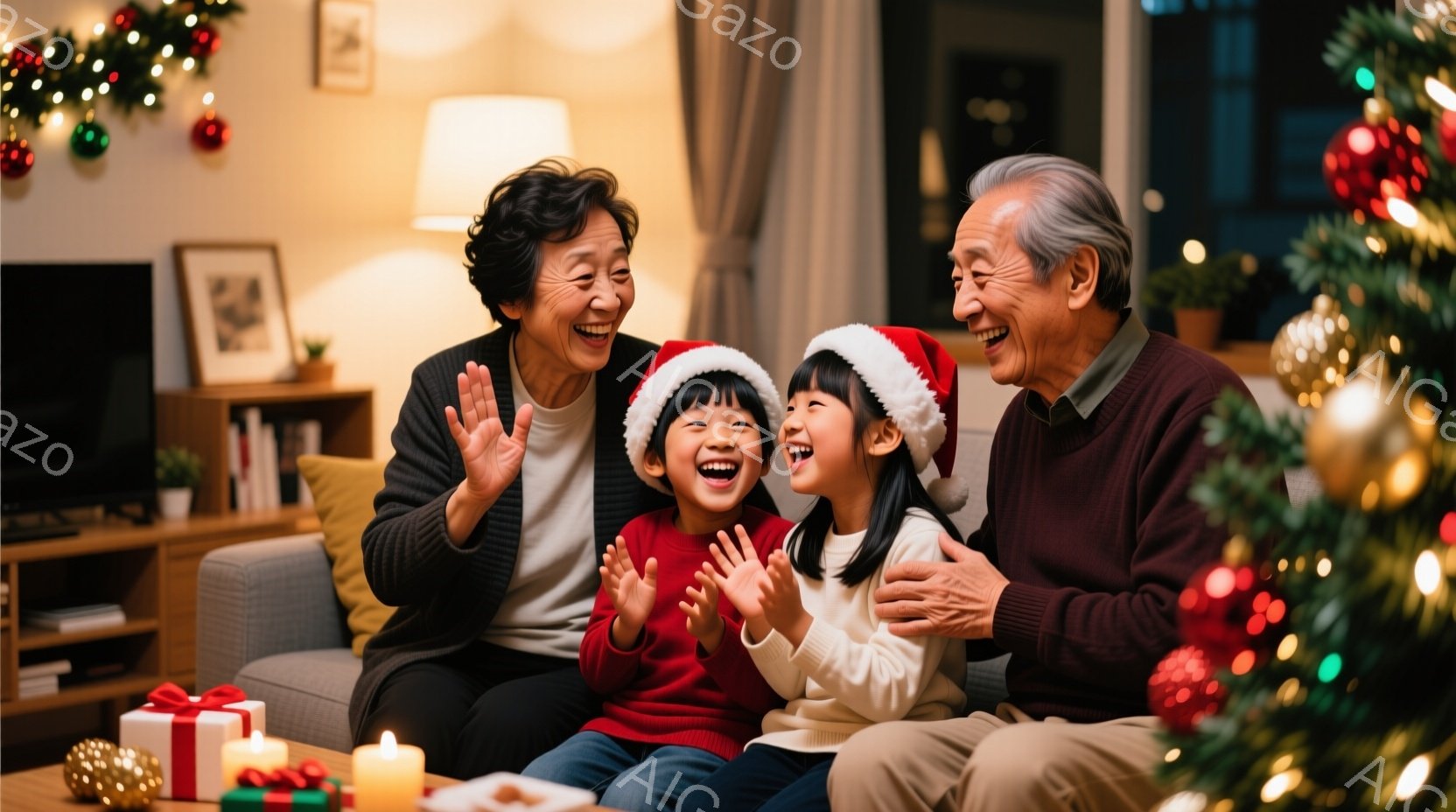 暖炉のあるリビングで、おじいちゃん、おばあちゃん、そして二人の孫娘が笑顔で座っています。三人は皆赤いサンタの帽子をかぶり、おじいちゃんとおばあちゃんは孫娘たちを抱きしめています。背景にはクリスマスツリーやプレゼント、キャンドルがあり、温かく幸せなクリスマスの雰囲気が漂っています。