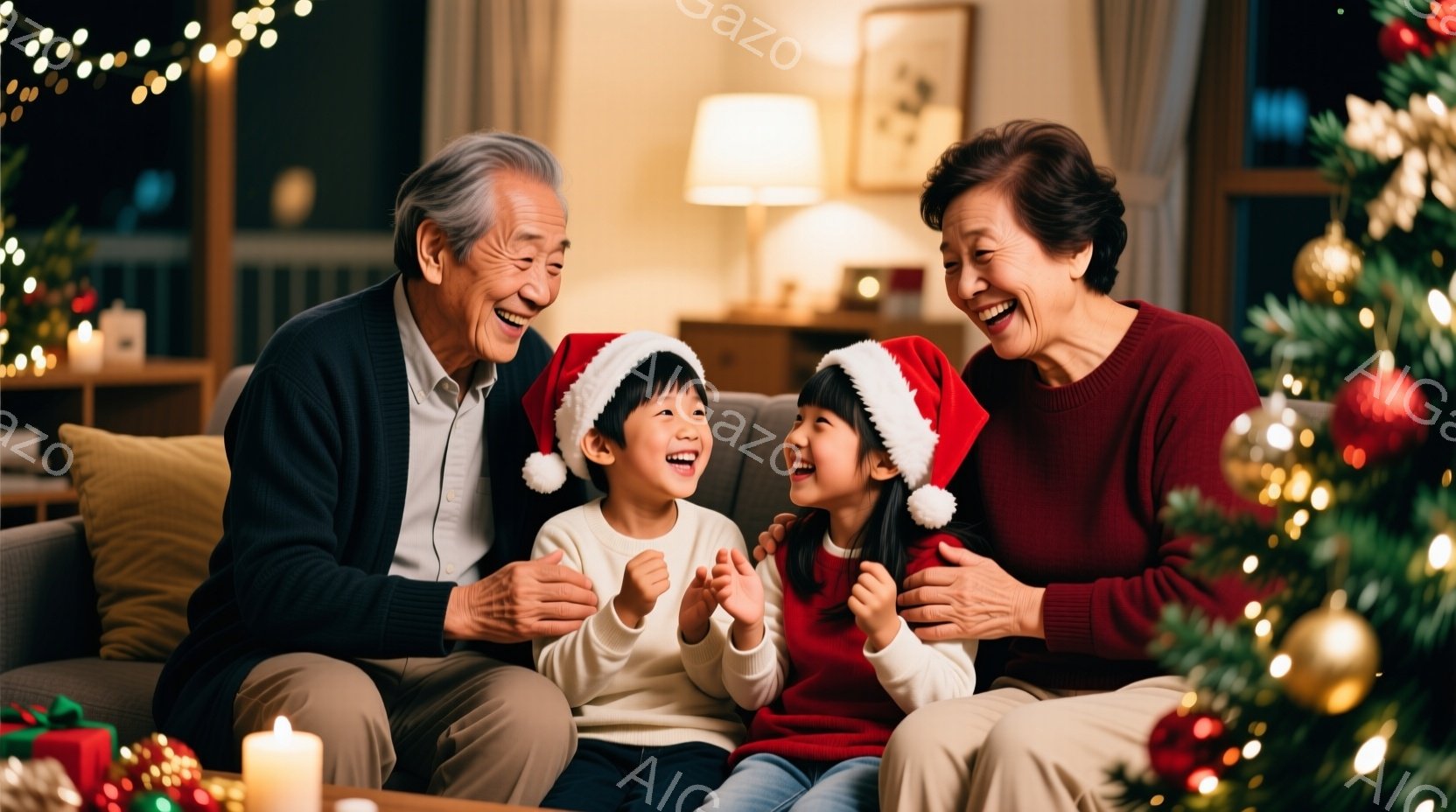 暖炉の前で、高齢の夫婦と2人の子供が笑顔で座っています。子供たちはサンタ帽をかぶり、白いセーターを着ており、楽しそうに笑っています。背景にはクリスマスツリー、キャンドル、そして装飾が施された室内があり、温かく幸せなクリスマスの雰囲気が漂っています。