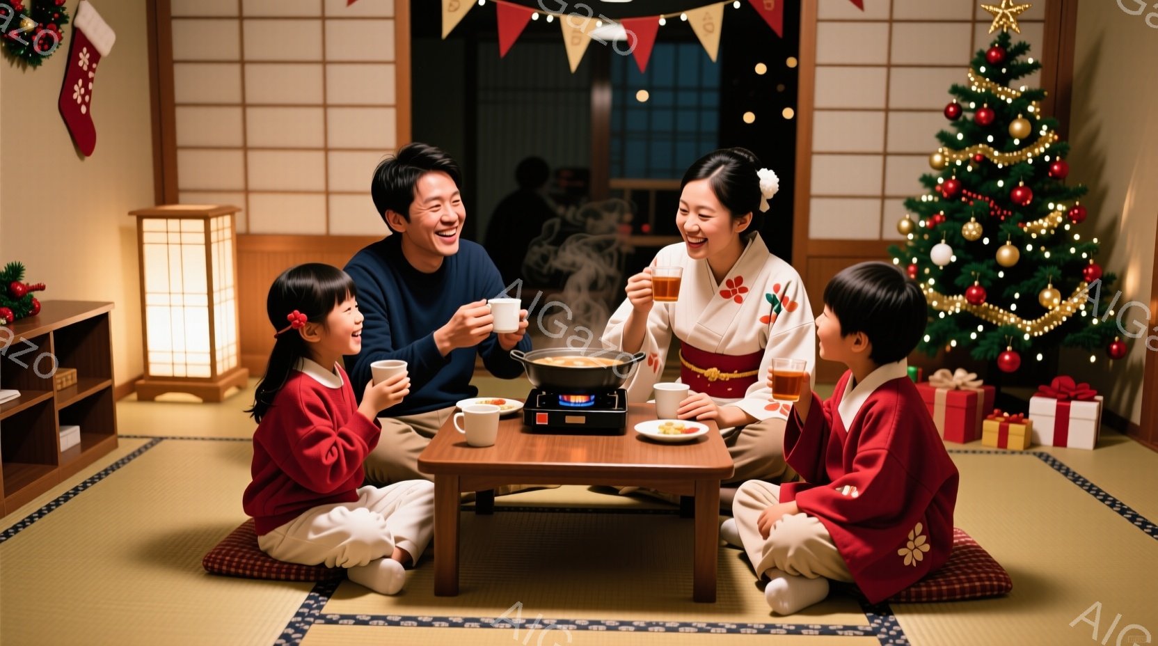 畳の部屋で、赤い着物を着た若い女性と男性、そして二人の子供たちが円卓を囲んで食事をしている様子が描かれています。皆、笑顔で温かい飲み物を手に持ち、楽しそうな雰囲気が伝わってきます。背景にはクリスマスツ - AI生成フリー素材