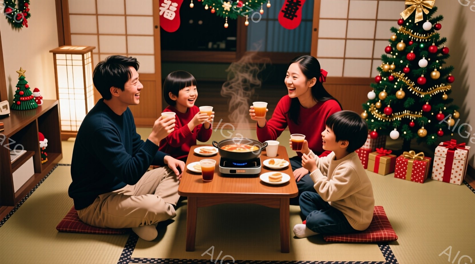 家族が畳の上に座り、卓上で鍋料理を楽しんでいます。全員笑顔で、温かい雰囲気が伝わってきます。背景にはクリスマスツリーやプレゼント、そして和室の障子が見え、冬の家族団らんの様子が伺えます。 - AI生成フリー素材