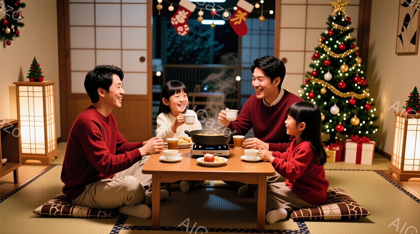 畳の部屋で、赤いセーターを着た家族四人が、低いテーブルを囲んで食事を楽しんでいます。子供たちは笑顔で、大人も温かい表情を浮かべており、鍋料理を囲んで幸せな時間を過ごしている様子が伝わってきます。背景にはクリスマスツリーやプレゼントが飾られており、温かく家庭的なクリスマスの雰囲気が漂っています。