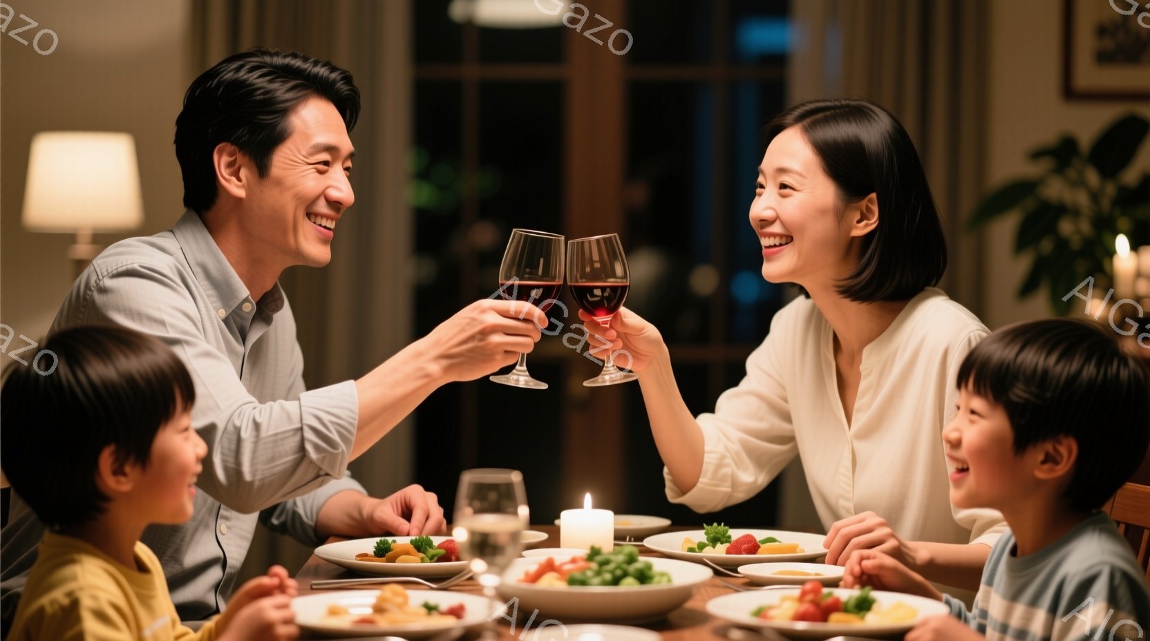 家族四人が夕食のテーブルを囲み、ワイングラスを高く掲げて乾杯しています。両親はそれぞれ白いシャツを着ており、笑顔で互いを見つめ合っています。子供たちはそれぞれ異なる色の服を着ており、楽しそうに笑ってい - AI生成フリー素材