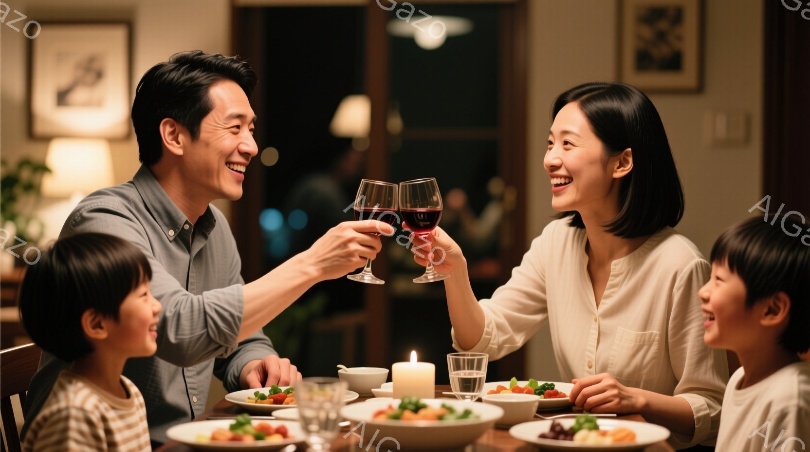 家族四人が食卓を囲み、ワイングラスを高く掲げて楽しそうに乾杯しています。父親はグレーのシャツを着ており、母親はベージュ色のブラウスを着ています。子供たちはそれぞれ違う色のシャツを着ていて、皆笑顔で幸せな雰囲気が漂っています。