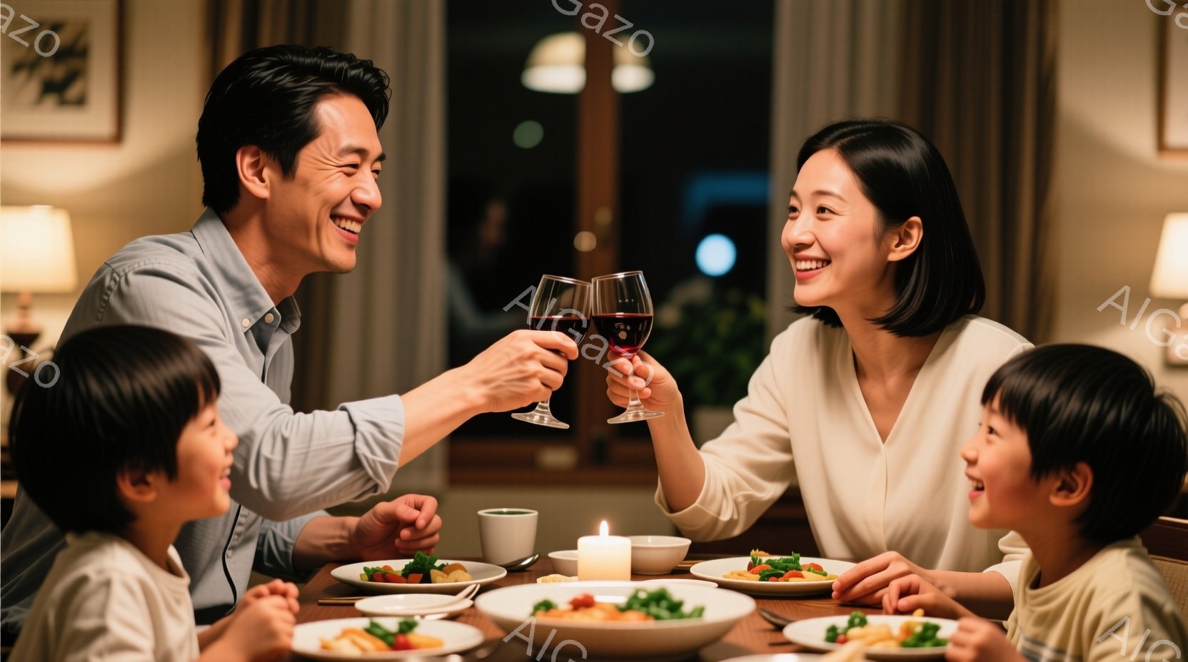 家族四人が食卓を囲み、ワイングラスを掲げて楽しそうに乾杯している様子が描かれている。両親はそれぞれカジュアルなシャツを着ており、笑顔で互いを見つめ合っている。背景には暖色系の照明と落ち着いた内装が見られ、温かく幸せな家庭の雰囲気が漂っている。