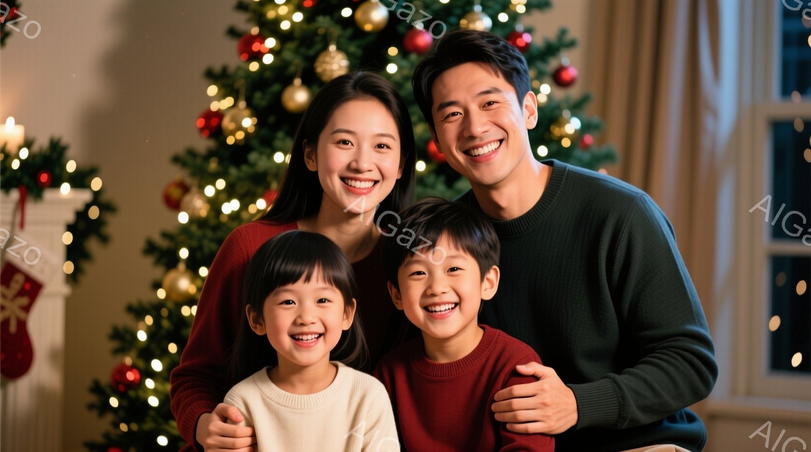 家族四人がクリスマスツリーの前で肩を組み、笑顔でカメラを見ている。母親は赤いセーターを着ており、髪は肩まで伸ばしている。子供たちはそれぞれ白いセーターと赤いセーターを着ており、背景にはキラキラと輝くク - AI生成フリー素材