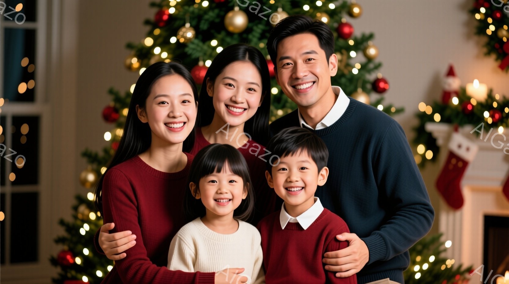 笑顔の家族がクリスマスツリーの前で寄り添っています。母親と父親は赤いセーターを着用し、子供たちは白いセーターを着ています。背景には緑のクリスマスツリー、暖炉、そして飾り付けが見え、温かく幸せな雰囲気が - AI生成フリー素材