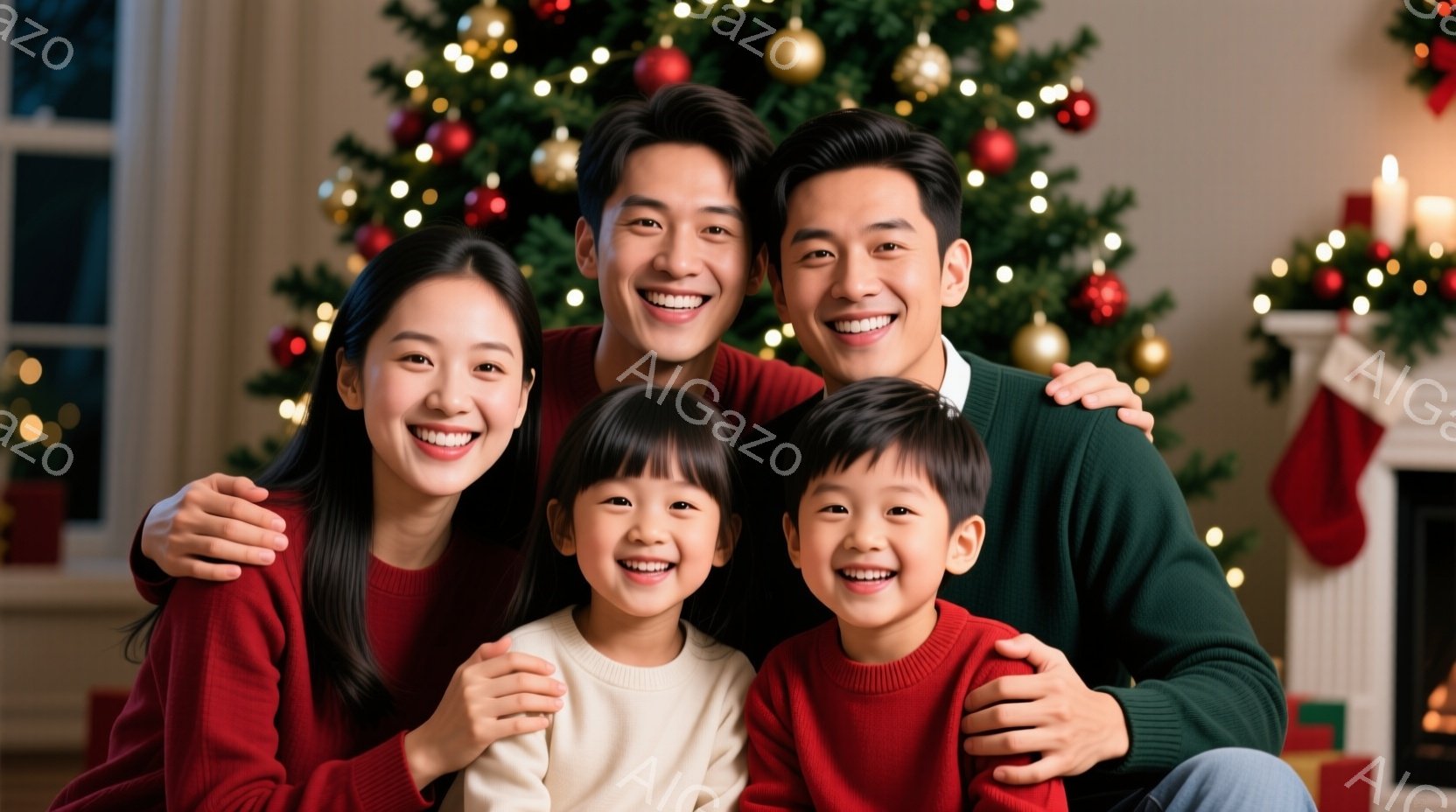 家族全員がクリスマスツリーの前で笑顔で寄り添っています。母親は赤いセーター、父親は緑のセーター、子供たちはそれぞれ赤いセーターと白いセーターを着ており、皆明るい笑顔を見せています。背景にはクリスマスツリーの光が輝き、暖炉と靴下があり、全体的に温かく幸せなクリスマスの雰囲気が漂っています。