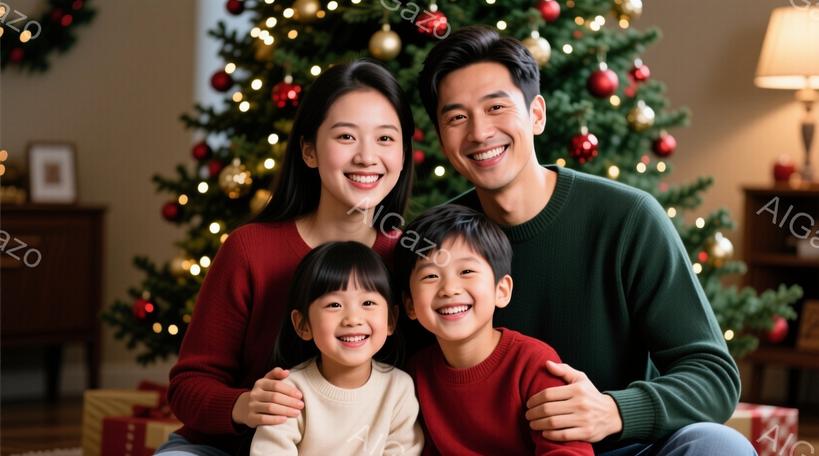 家族がクリスマスツリーを背景に寄り添って笑顔で写っています。母親は赤いセーター、父親は緑色のセーターを着ており、子供たちはそれぞれ白いと赤いセーターを着ています。背景には、飾り付けられたクリスマスツリ - AI生成フリー素材