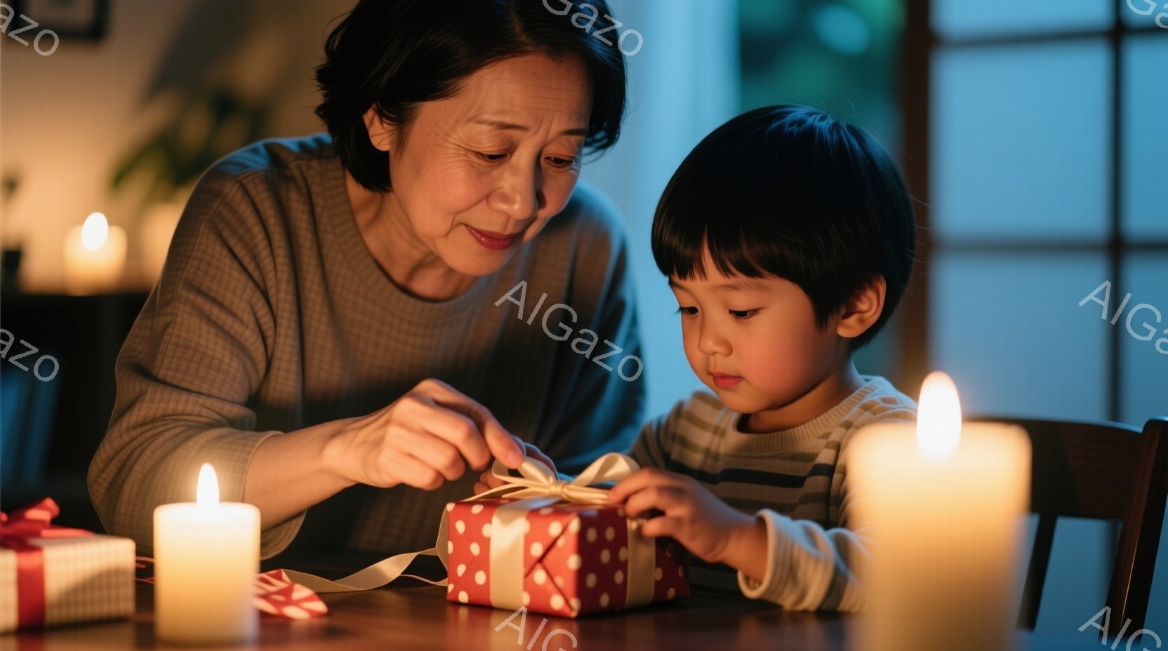 おばあちゃんとお孫の男の子が写っています。おばあちゃんはグレーのセーターを着ており、赤いリボンで結ばれた小さな赤いギフトボックスを開けようとしています。男の子はストライプのシャツを着ており、集中した表情でギフトボックスを見つめており、二人の間には温かく優しい雰囲気が漂っています。