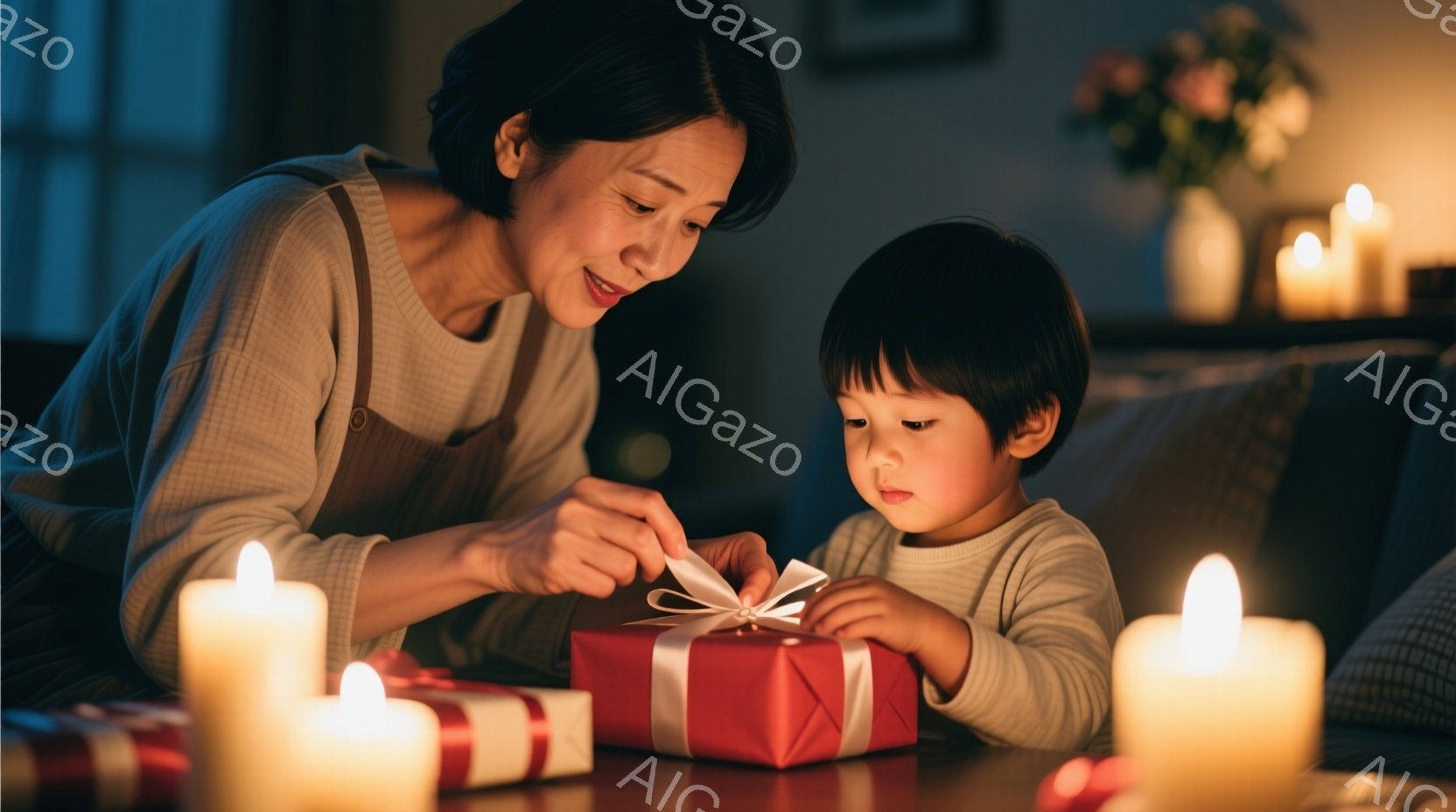 室内で、女性が赤いギフトボックスのラッピングを手伝い、幼い男の子が興味津々とした表情でそれを見つめている。女性は肩出しのベージュのトップスを着ており、男の子は白いセーターを着ている。周囲にはキャンドル - AI生成フリー素材