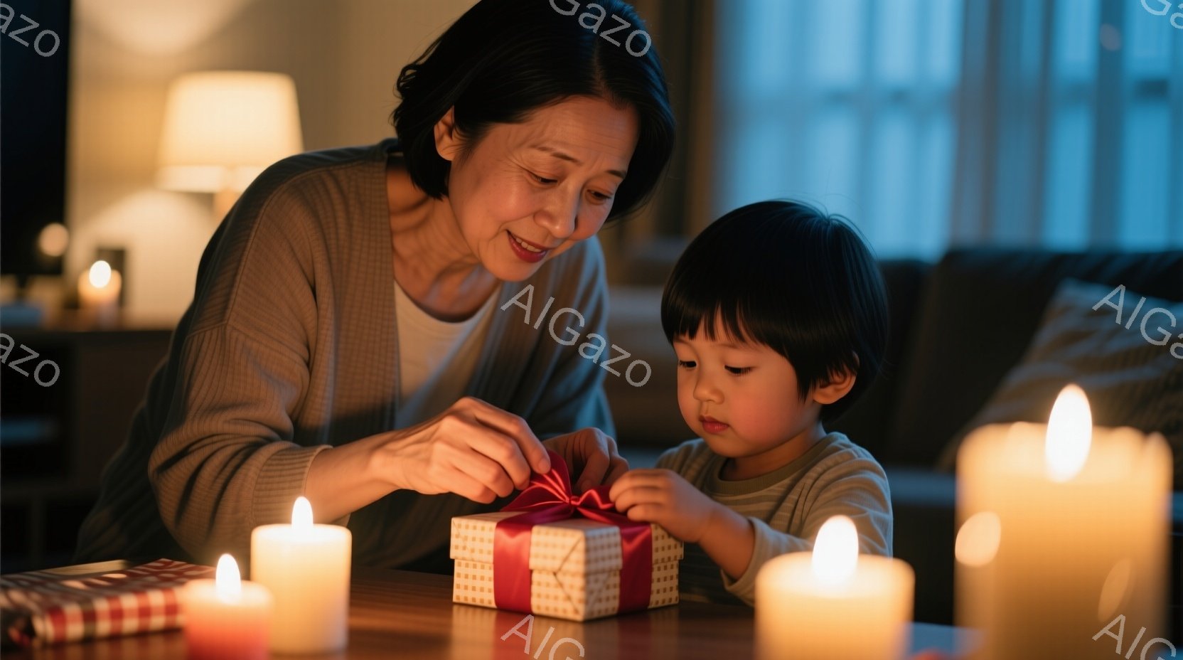暖かい光に包まれた室内で、おばあちゃんが幼い孫の男の子に赤い包装紙で包まれたプレゼントのラッピングを手伝っています。おばあちゃんは茶色の髪を短くまとめ、穏やかな笑顔を浮かべており、男の子は黒い髪を短く - AI生成フリー素材
