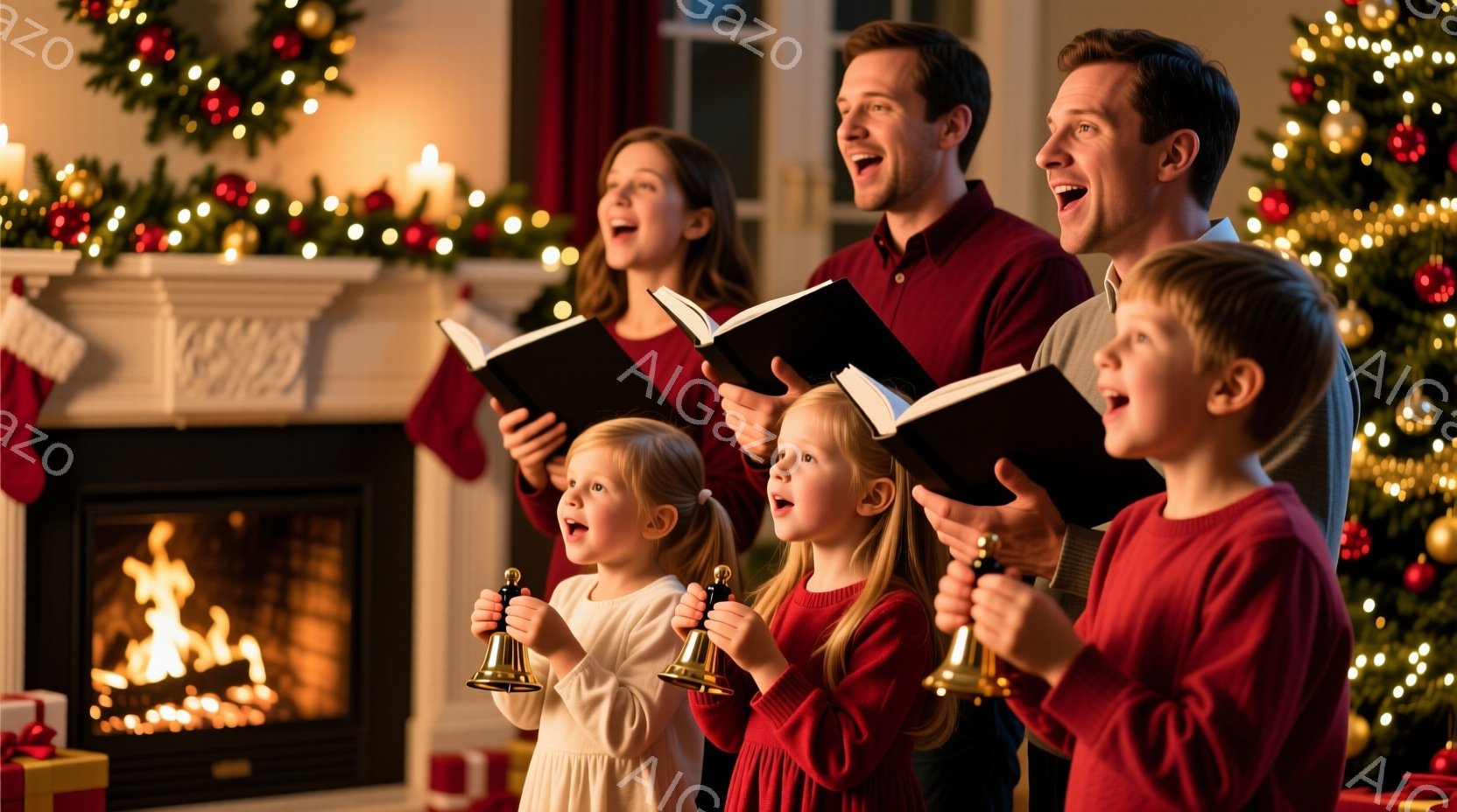 暖炉の前で、家族がクリスマスの歌を歌っています。母親と父親は楽譜を見ながら歌い、子供たちはハンドベルを振っています。背景にはクリスマスツリーが飾られ、暖炉の炎が温かい雰囲気を醸し出しています。 - AI生成フリー素材