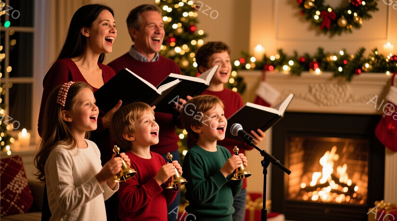 暖炉の前で家族がクリスマスキャロルを歌っています。母親は白いブラウスに赤いセーター、父親はネイビーのセーター、子どもたちはそれぞれ赤いセーターと緑のセーターを着て、笑顔でベルや楽譜を持っています。背景 - AI生成フリー素材