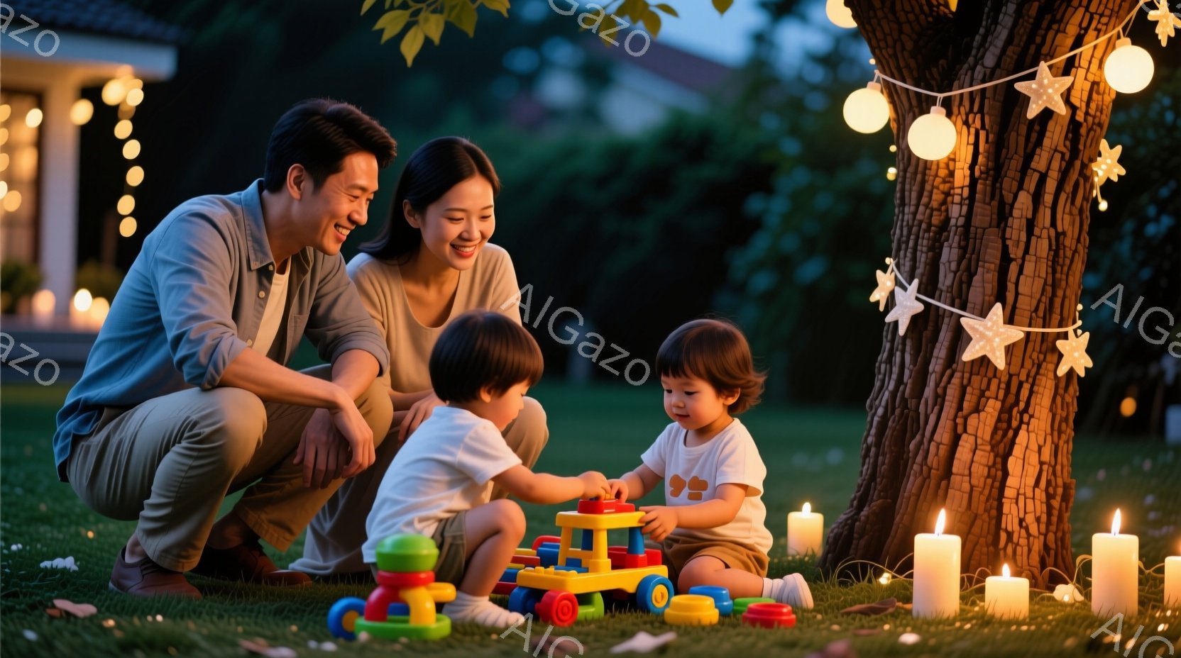 芝生の上で、若い夫婦が幼い子供たちと一緒に遊んでいます。夫はベージュ色のズボンとシャツを着ており、妻は白いトップスとジーンズを着ています。子供たちはカラフルな積み木で遊んでおり、全員が笑顔で楽しそうに - AI生成フリー素材