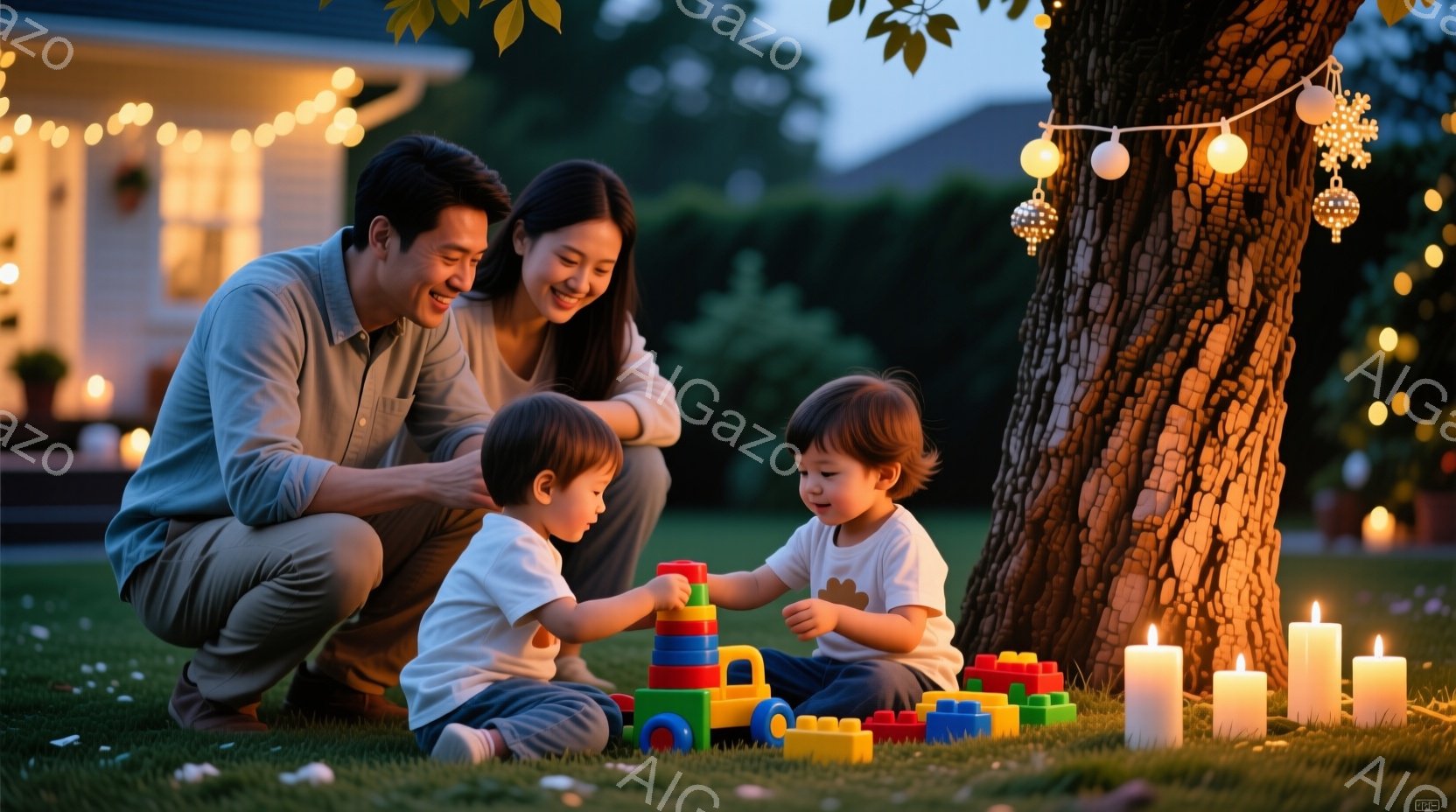 芝生の上で、若い夫婦が二人の幼い子供たちと一緒に遊んでいます。夫はグレーのシャツとズボンを着用し、妻は白いトップスとジーンズを着ています。子供たちはそれぞれ白いTシャツを着て、カラフルなブロックのおもちゃで遊んでいます。背景には家が見え、木には暖かい光のイルミネーションが飾られています。
