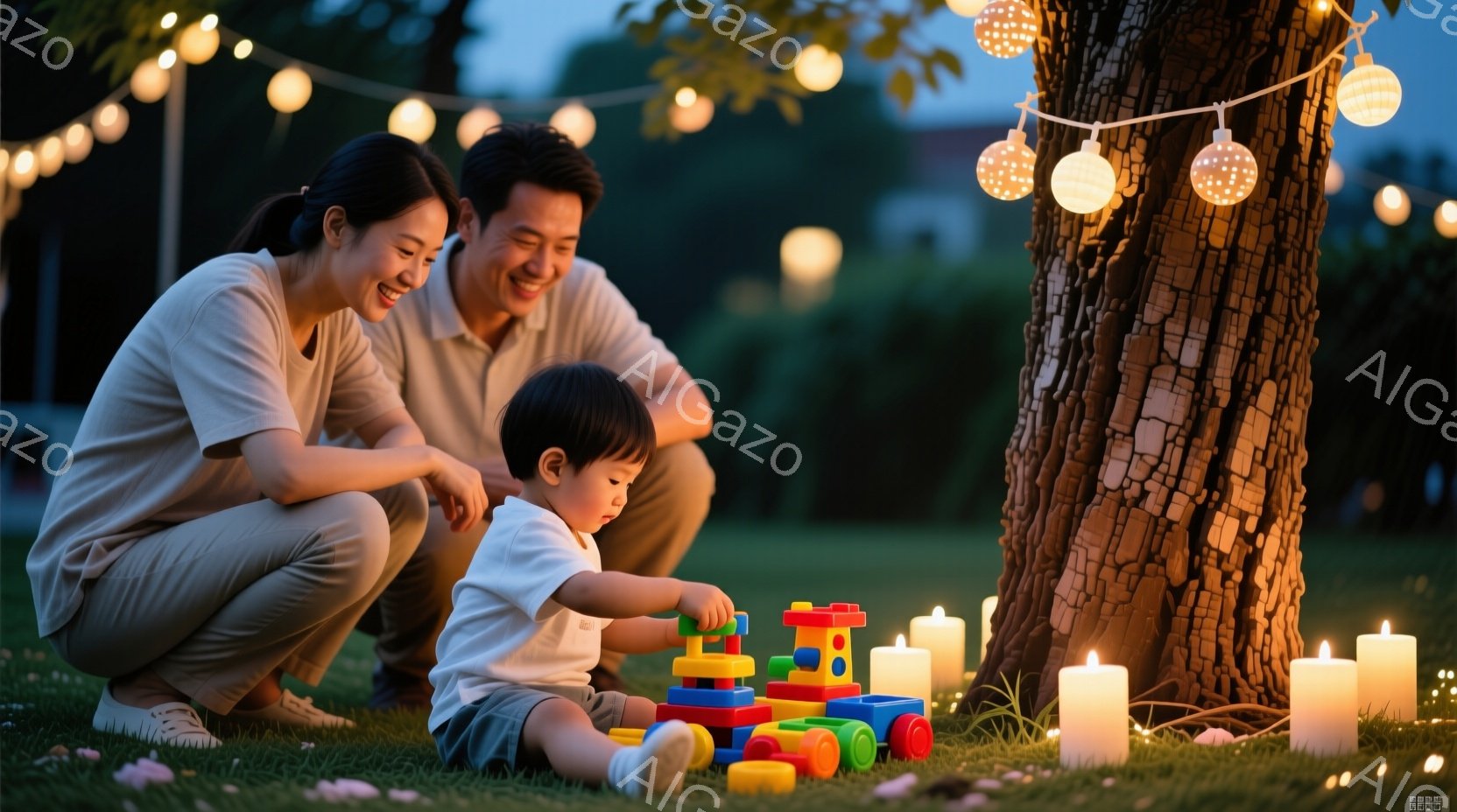 若い夫婦が、芝生の上で幼い息子と遊んでいます。母親はベージュ色のTシャツとパンツ、父親は白いTシャツとパンツ姿で、息子は白いシャツと青い短パンを着ています。背景には木々が生い茂り、ぼんやりと家が見え、電球とキャンドルが暖かく優しい光を放ち、幸せな家族の団欒の雰囲気が漂っています。