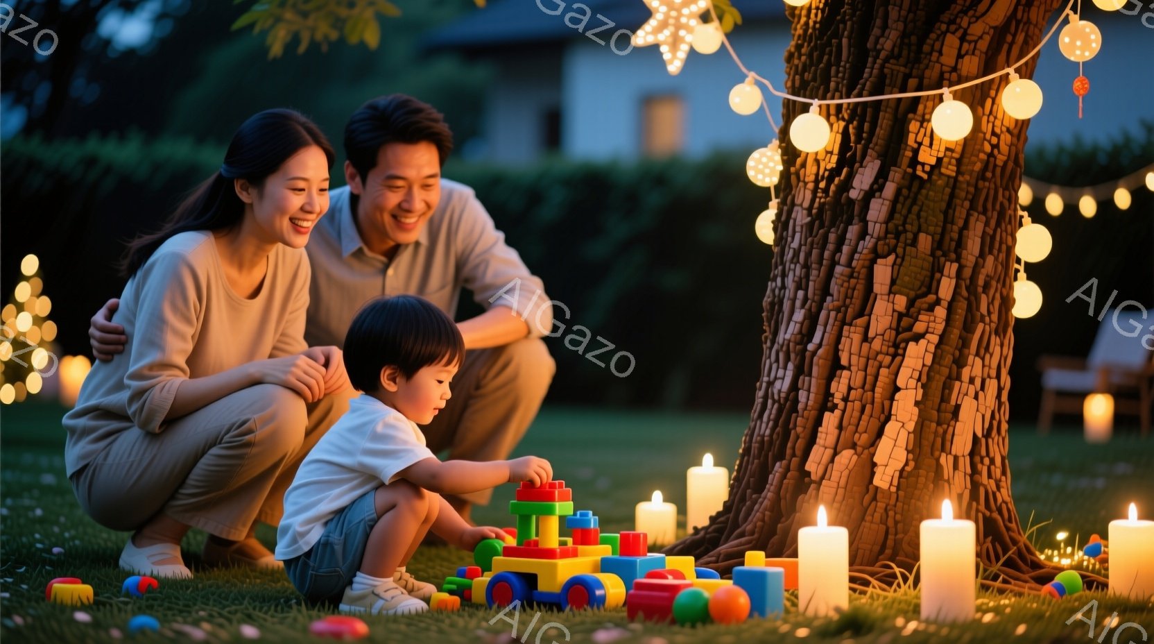 幼い男の子が芝生の上でカラフルなブロックで遊んでいます。母親と父親は、男の子を取り囲むように腰を下ろし、微笑んでいます。背景には木々が生い茂り、暖かい光のイルミネーションとキャンドルが幻想的な雰囲気を醸し出しています。