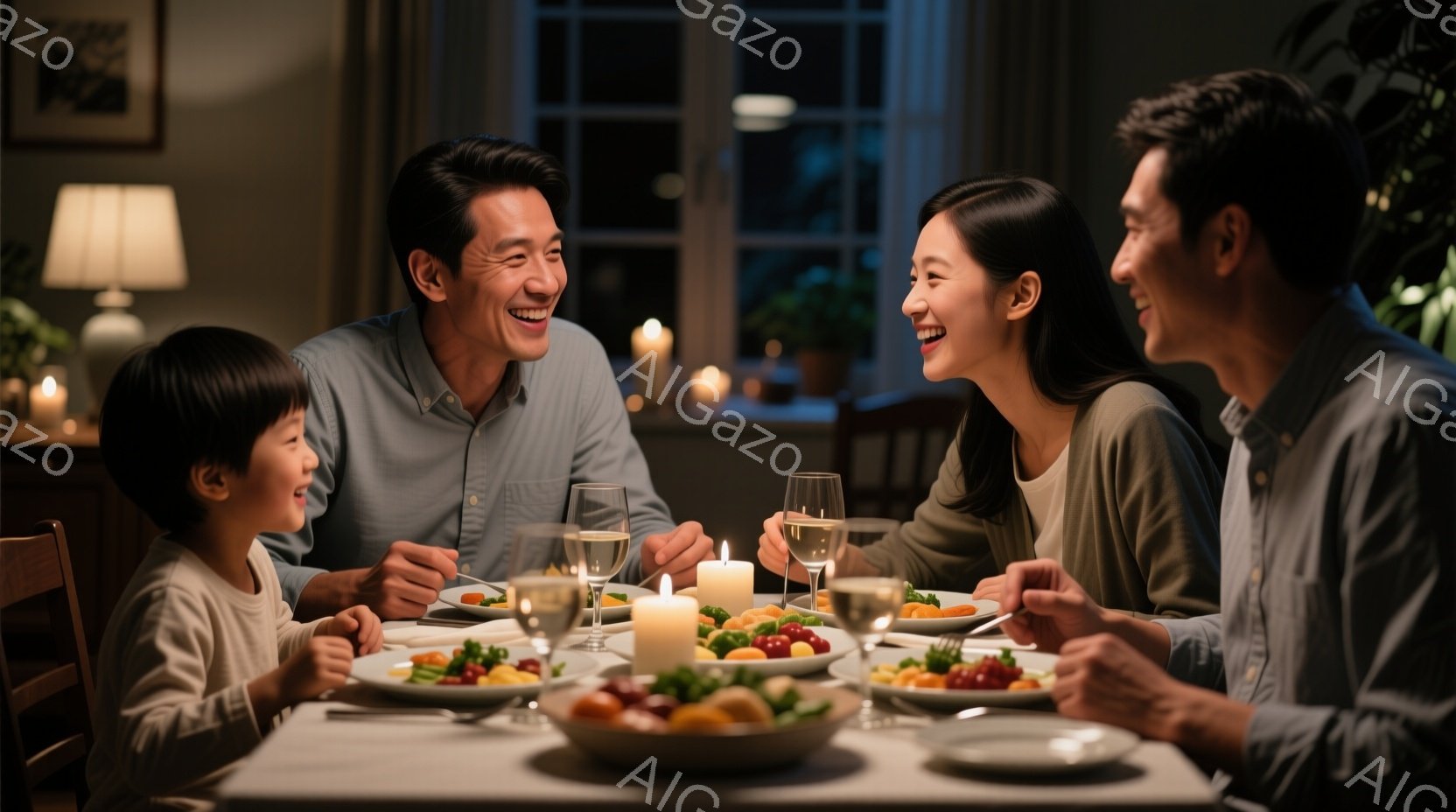 温かい光に照らされたダイニングテーブルを囲み、家族が夕食を楽しんでいる様子が描かれています。母親はロングヘアで微笑み、父親は白いシャツを着て穏やかな表情で、幼い子供は嬉しそうに笑っています。テーブルにはサラダやメインディッシュが並び、キャンドルの灯りが食卓を照らし、和やかで幸せな雰囲気を醸し出しています。