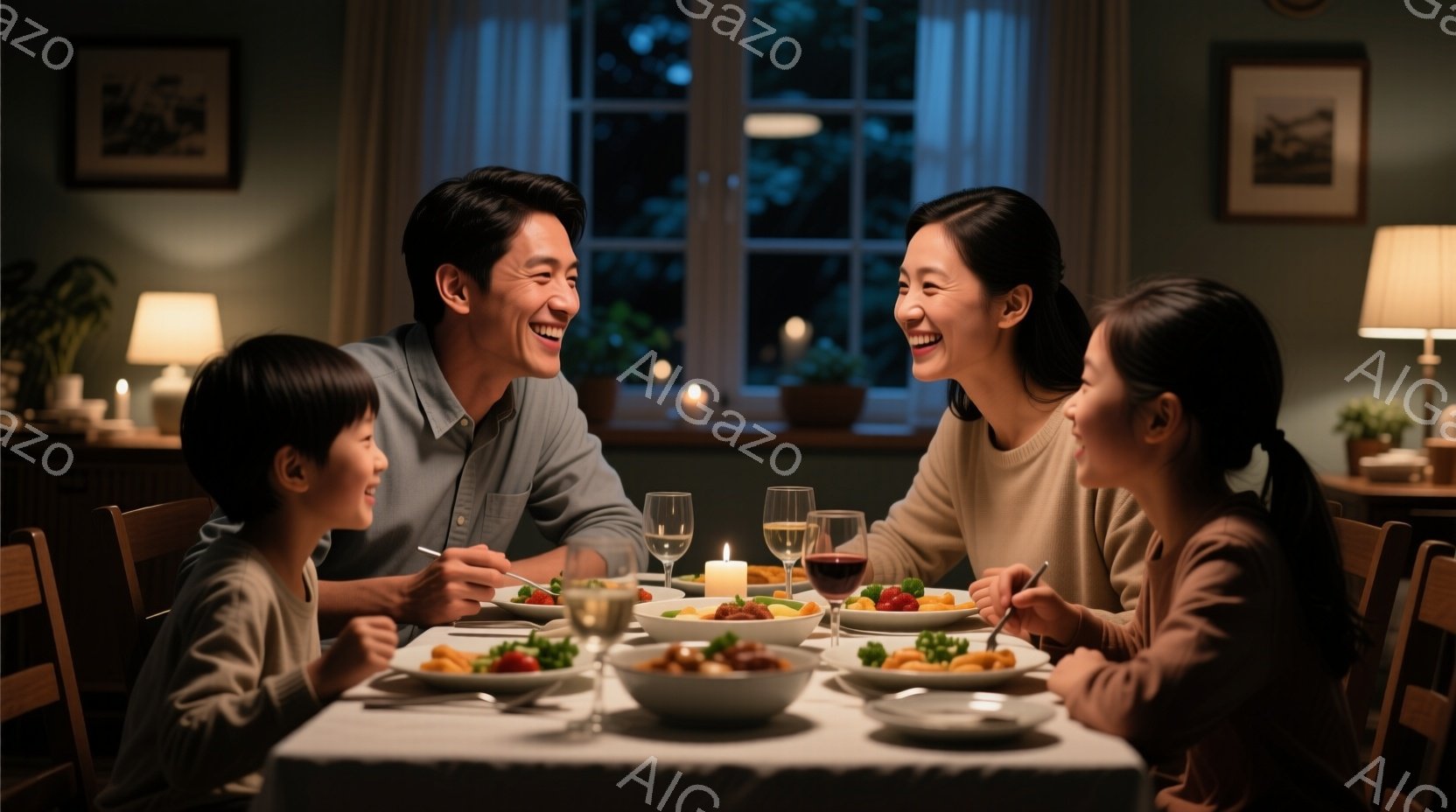 暖炉の明かりが灯るダイニングテーブルを囲み、笑顔で夕食をとる家族の様子が描かれています。両親はそれぞれネイビーのシャツを着用し、子供たちはカジュアルな服装で、皆、楽しそうに食事をしています。背景には窓から見える夜空と、柔らかな光を放つキャンドルが配置され、温かく穏やかな雰囲気を醸し出しています。