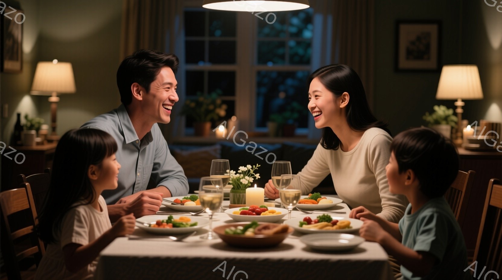 家族四人がダイニングテーブルを囲んで夕食をとっています。母親は白いシャツを着て、父親は水色のシャツを着ており、二人とも笑顔で互いを見つめ合っています。テーブルの上にはサラダ、肉料理、ワイングラスなどが置かれ、温かい光に包まれた室内は、幸せな家庭の雰囲気を醸し出しています。