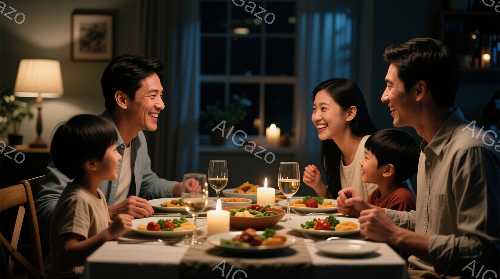 家族四人がダイニングテーブルを囲んで夕食を楽しんでいます。母親は長い髪を後ろにまとめ、笑顔で隣の息子と会話しています。テーブルにはワイングラス、キャンドル、そして美味しそうな料理が並び、温かく穏やかな - AI生成フリー素材