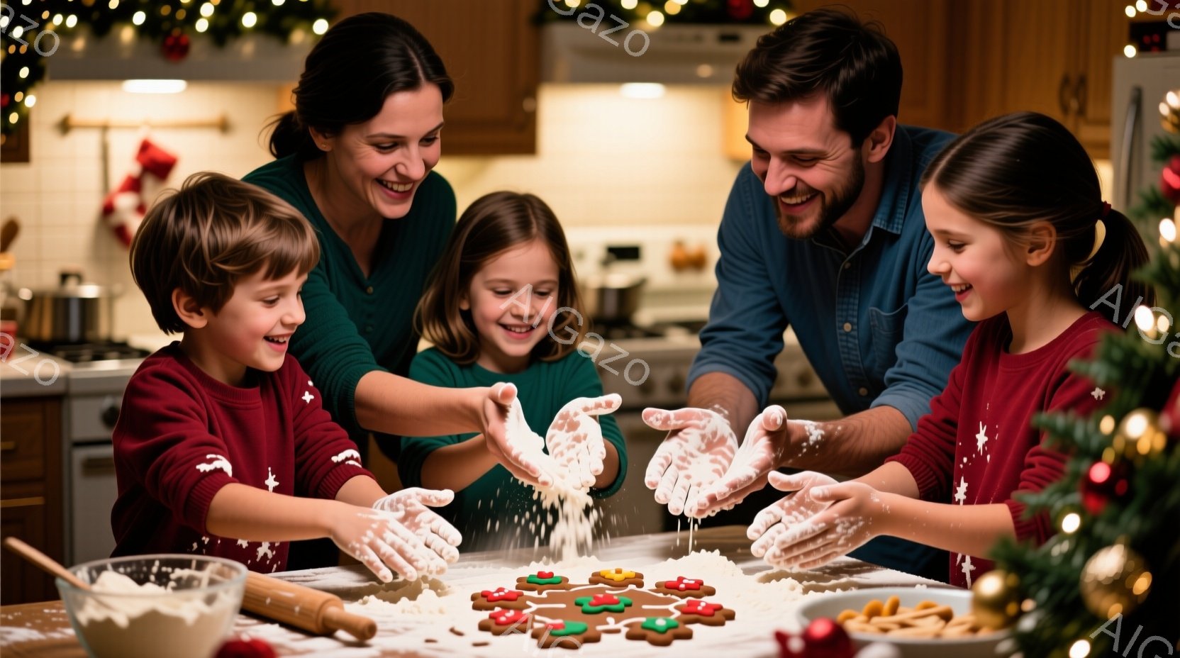 暖炉のあるキッチンで、両親と二人の子供たちがクリスマスのお菓子作りを楽しんでいる様子が描かれています。子供たちは赤いセーターを着て小麦粉を空中に投げ、満面の笑みを浮かべています。背景には、飾り付けられたクリスマスツリーや調理器具が見え、家族の温かく幸せな雰囲気が伝わってきます。
