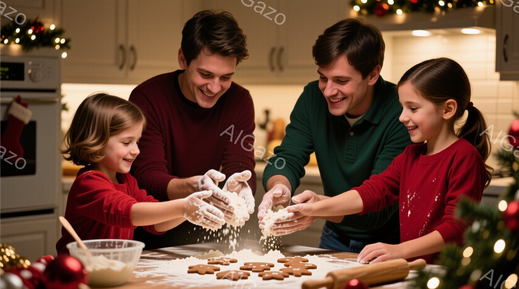 赤いセーターを着た幼い女の子二人が、小麦粉を投げ合って楽しんでいます。背景には笑顔の男性がおり、キッチンでクリスマス・クッキーを作っている様子です。背景にはクリスマスツリーやオーナメントが見え、暖かく幸せな雰囲気が漂っています。