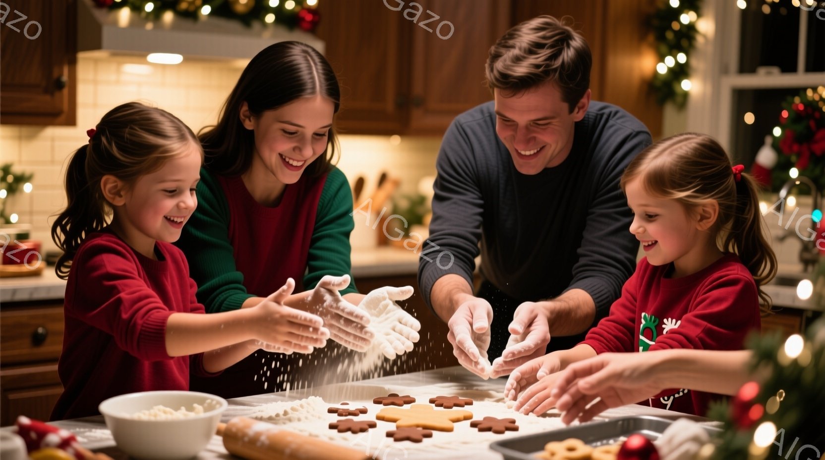 暖炉の光が差し込むキッチンで、家族がクリスマスのクッキー作りに夢中になっている様子が描かれている。母親と娘は赤いセーターを着ており、小麦粉を投げ合いながら笑顔を見せている。父親も同じように笑顔で、クッキー生地の上で小麦粉を振りかけている。