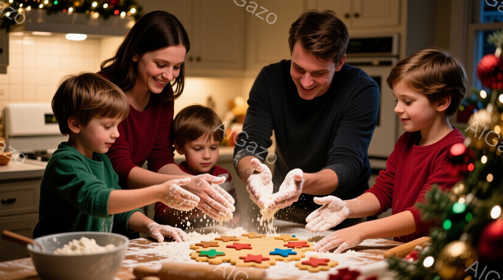 暖炉のある明るいキッチンで、母親と父親、そして3人の子供たちがクッキー作りに興じている様子が描かれている。母親は緑色のニットを着て微笑み、父親は黒いシャツを着て小麦粉をふりかけ、子供たちは赤と緑のニットを着て、楽しそうに小麦粉を空中に舞い上げている。背景にはクリスマスツリーが飾られており、クッキー生地が敷かれたテーブルにカラフルなクッキーが並べられ、全体的に温かく幸せな雰囲気が漂っている。