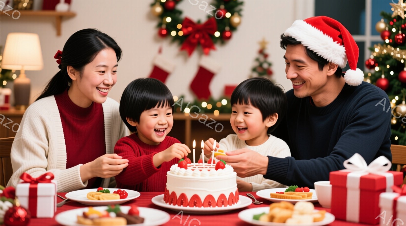 暖炉のある明るいリビングで、家族がクリスマスケーキを囲んでいる。母親は白いセーターを着て微笑み、息子は赤いセーターを着て嬉しそうにケーキを見ている。背景にはクリスマスツリーやプレゼント、装飾が飾られ、家族の温かい雰囲気が伝わってくる。