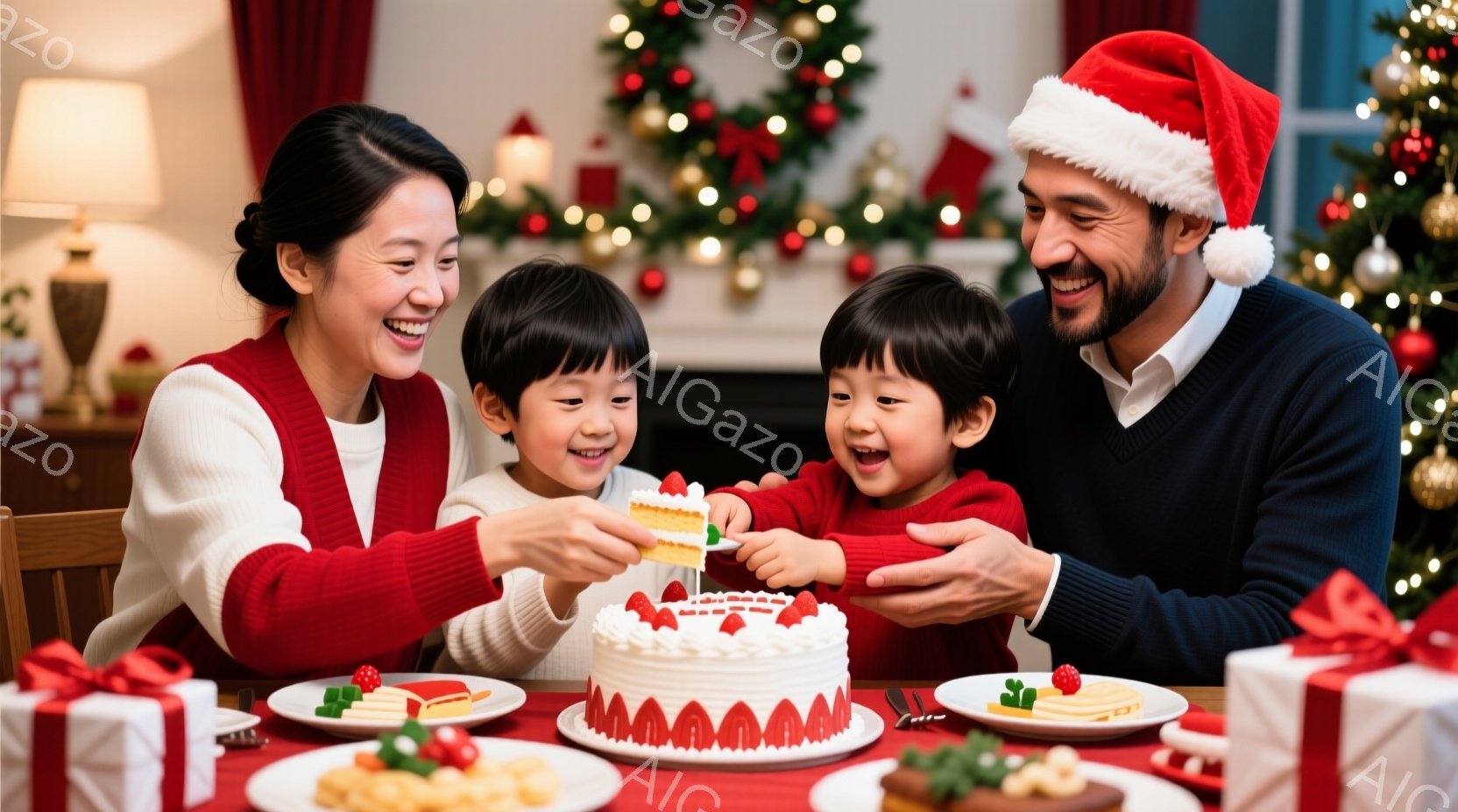 暖炉のあるリビングで、母親と父親が2人の子供たちにケーキを分け与えています。母親は赤いセーターを着て微笑み、子供たちにケーキを差し出しています。父親はサンタ帽をかぶり、嬉しそうに子供たちを見ており、リビングにはクリスマスツリーやプレゼントが飾られ、温かく幸せなクリスマスの雰囲気が漂っています。