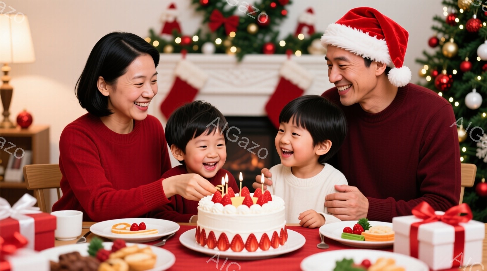 暖炉の前で、赤いセーターを着た家族が誕生日ケーキを囲んでいます。両親は笑顔で子供たちを見守り、片方の子供がケーキにろうそくを立てようとしています。背景にはクリスマスツリーとプレゼントが置かれ、温かく幸せな家庭の雰囲気が漂っています。