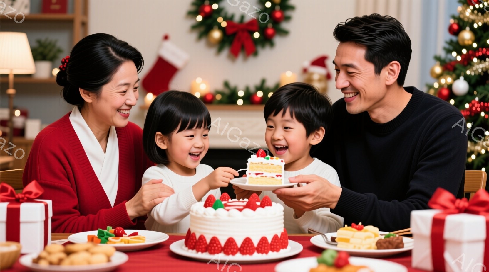 暖炉の前で、赤いセーターを着た女性と黒いニットを着た男性、そして白い服を着た二人の子供が、誕生日ケーキを囲んでいます。子供たちはケーキをとても嬉しそうに見ており、男性がスプーンでケーキを子供に分けようとしています。背景にはクリスマスツリーやプレゼント、そして美味しそうな料理が並び、温かく幸せな雰囲気が漂っています。