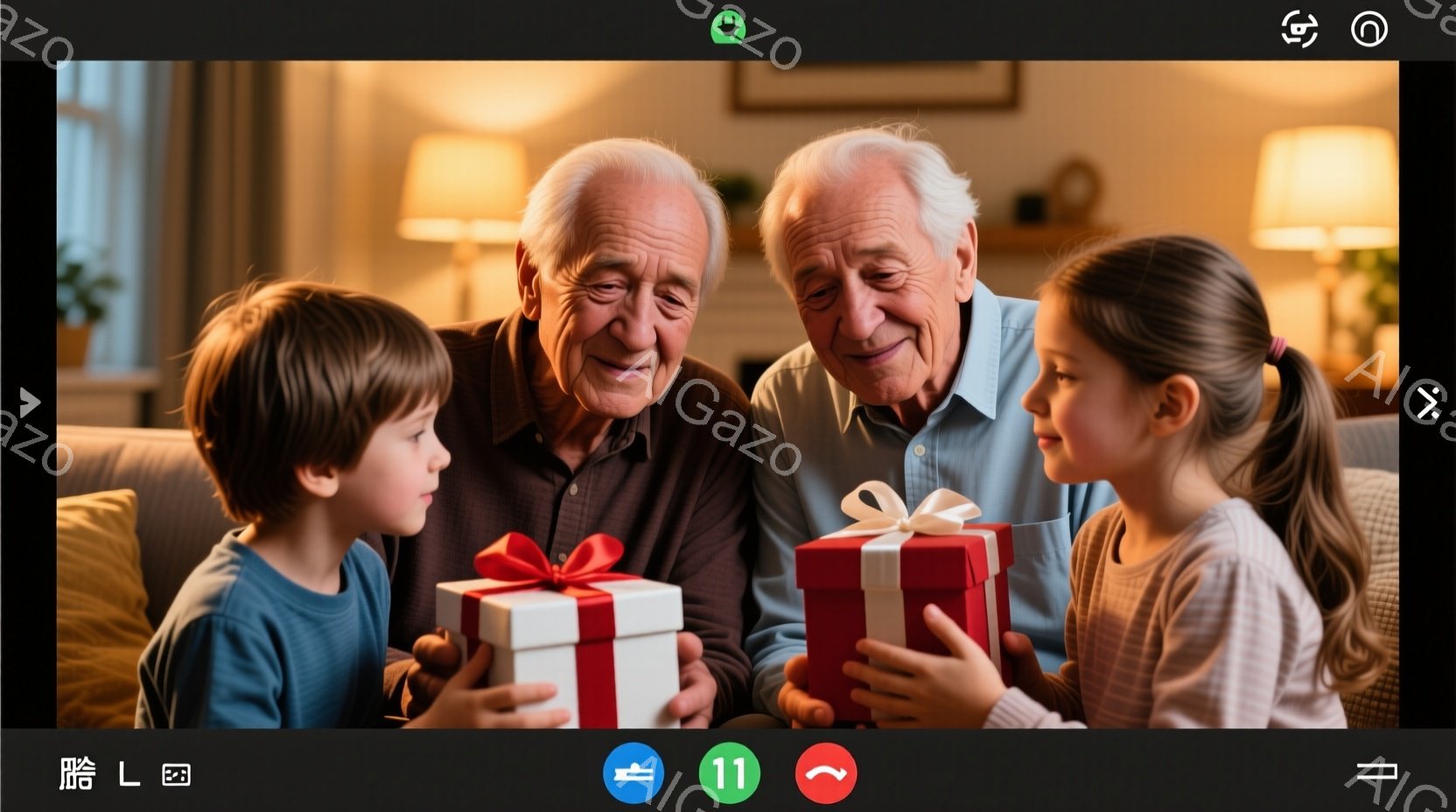 暖かいリビングルームで、白髪の祖父が左右に子供からプレゼントを受け取っています。子供たちは笑顔で、男の子は青いシャツ、女の子は薄いピンクのセーターを着ています。背景にはぼやけた家具が見え、全体的に温かく幸せな雰囲気が漂っています。