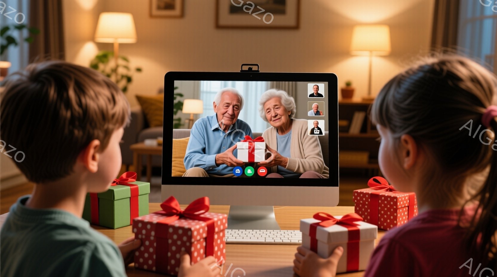 画面には、プレゼントを抱えた笑顔の老夫婦が映っています。子供たちは、コンピュータの前に座って、それぞれ赤い包装紙で包まれたプレゼントを手にしています。背景には、暖色系の照明と植物が配置され、温かく幸せな雰囲気が漂っています。