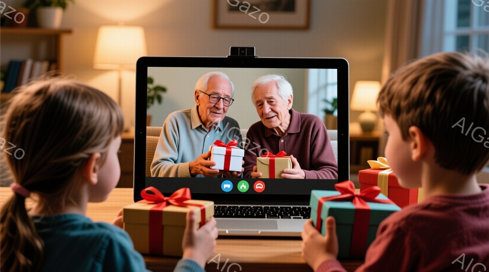 画面には、プレゼントを手に微笑む二人の高齢男性が映っています。彼らは快適そうな部屋に座り、ビデオ通話を楽しんでいるようです。画面の手前には、プレゼントを抱えた子供たちが二人おり、温かく幸せな雰囲気が漂っています。