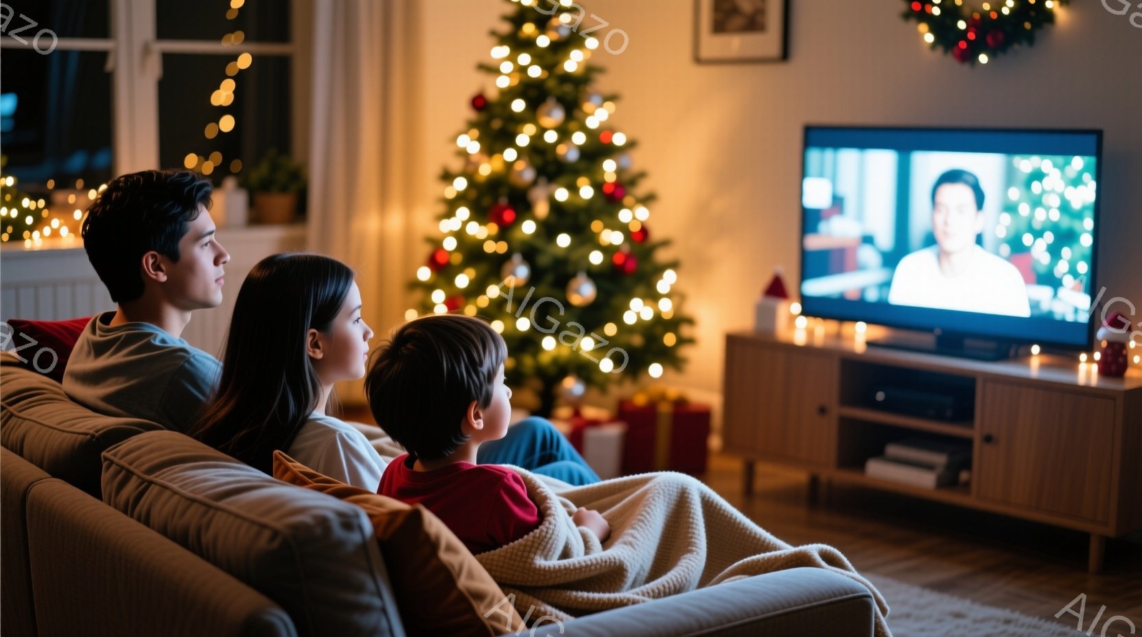 ソファに座ってテレビを見ている家族の姿が描かれています。母親は長い黒髪で、ベージュ色の服を着ています。父親は黒髪でカジュアルな服装で、小さな子供は赤いセーターを着ており、皆リラックスした様子で画面に集中しています。背景にはクリスマスツリーが飾られ、暖かく、穏やかな家庭の雰囲気が感じられます。