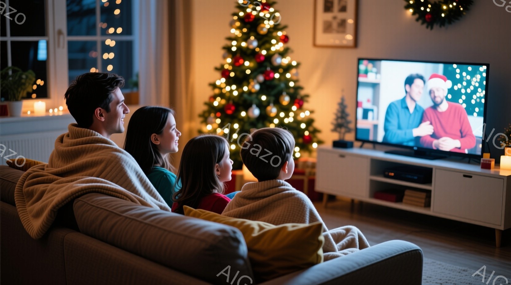 暖炉のそばのソファに家族が寄り添って座っており、テレビを見ている様子が描かれています。家族はそれぞれ毛布に包まれ、リラックスした雰囲気で、テレビには笑顔の男性が映っています。背景には、飾られたクリスマスツリーと、温かい光が灯る室内があり、家族団らんの温かいクリスマスの雰囲気が伝わってきます。