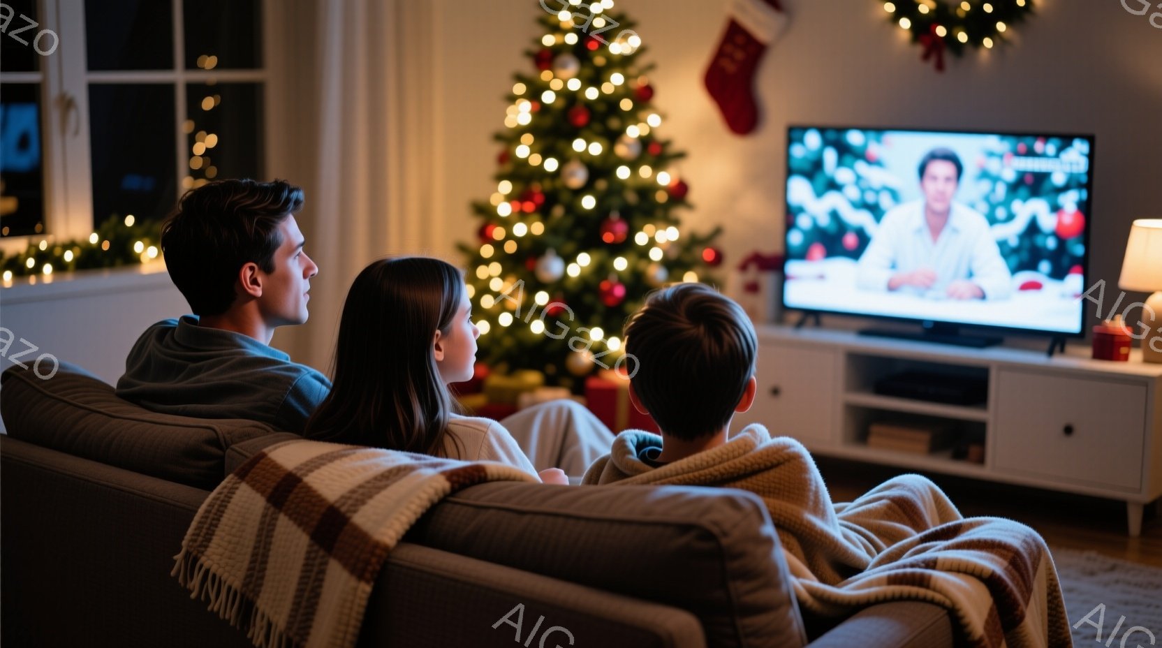 暖炉のあるリビングで、家族がテレビを見ています。母親は長い茶色の髪で、父親と息子は短い髪です。彼らはソファに寄り添い、赤いチェック柄のブランケットをかけて暖かく過ごしています。背景にはクリスマスツリーが飾られ、部屋全体が温かく、穏やかな雰囲気を醸し出しています。