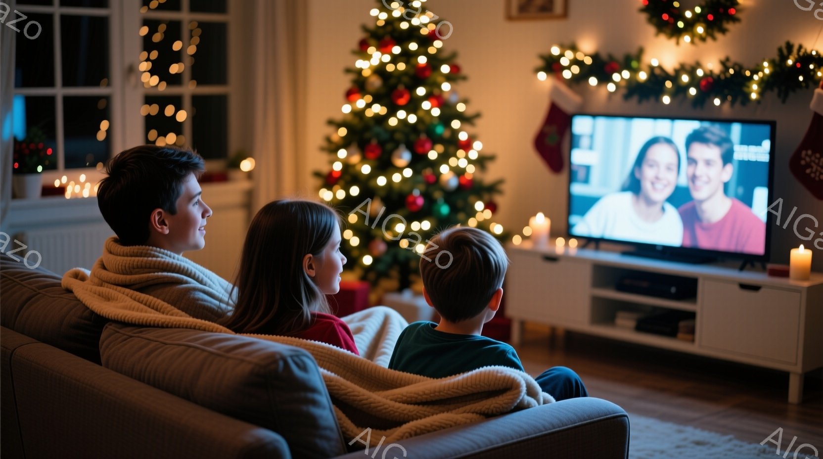 ソファに座っている３人の子供たちがテレビを見ている様子が写っています。彼らは白い毛布に包まれ、リラックスした姿勢で画面を見つめています。背景にはクリスマスツリーや飾り付けがされ、暖かく家庭的な雰囲気が漂っています。