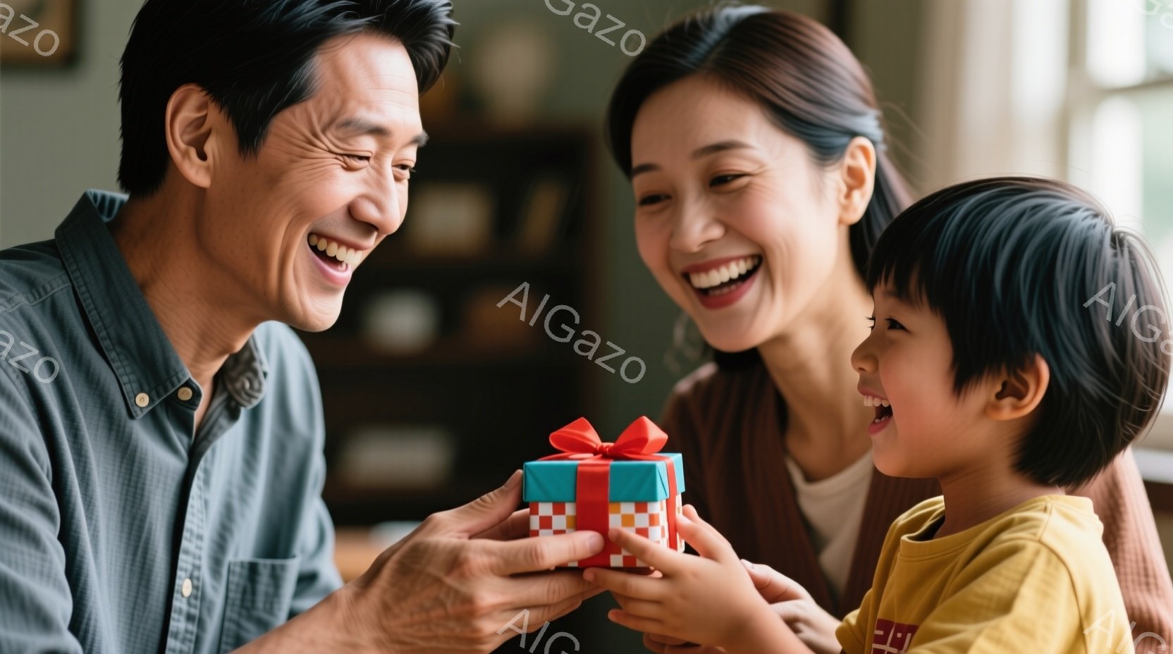 笑顔の男性と女性が、小さな男の子にプレゼントを渡している様子が写っています。男性は薄いブルーのシャツを着ており、女性はオレンジ色のニットを着ています。男の子は黄色いTシャツを着ており、プレゼントを受け取ることに喜びを表した表情をしています。